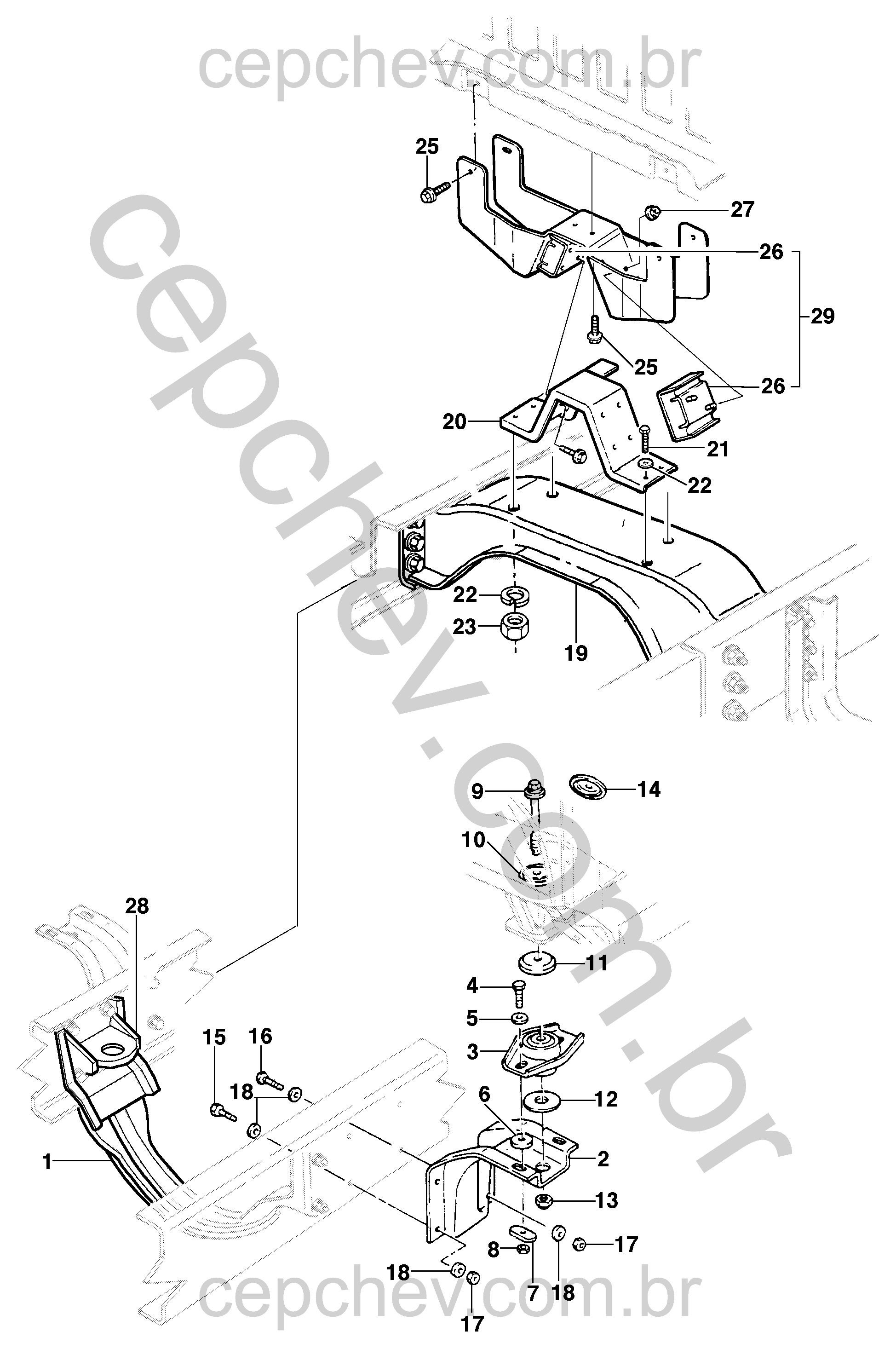 Montagem e suportes dos coxins e fixações da cabine dos modelos 12/14/16