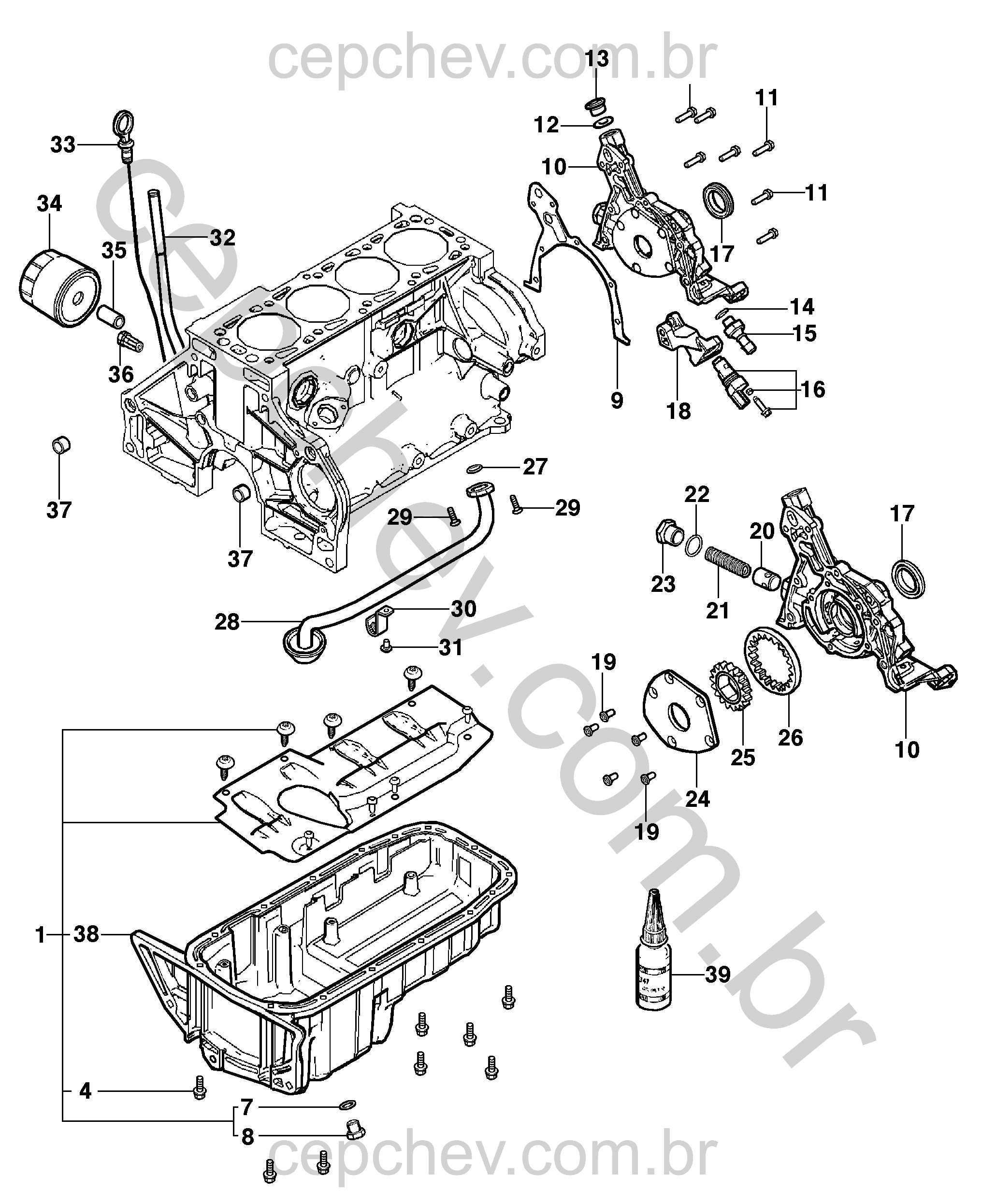 Bomba e cárter de óleo motor (2010) com válvulas e sensores associados