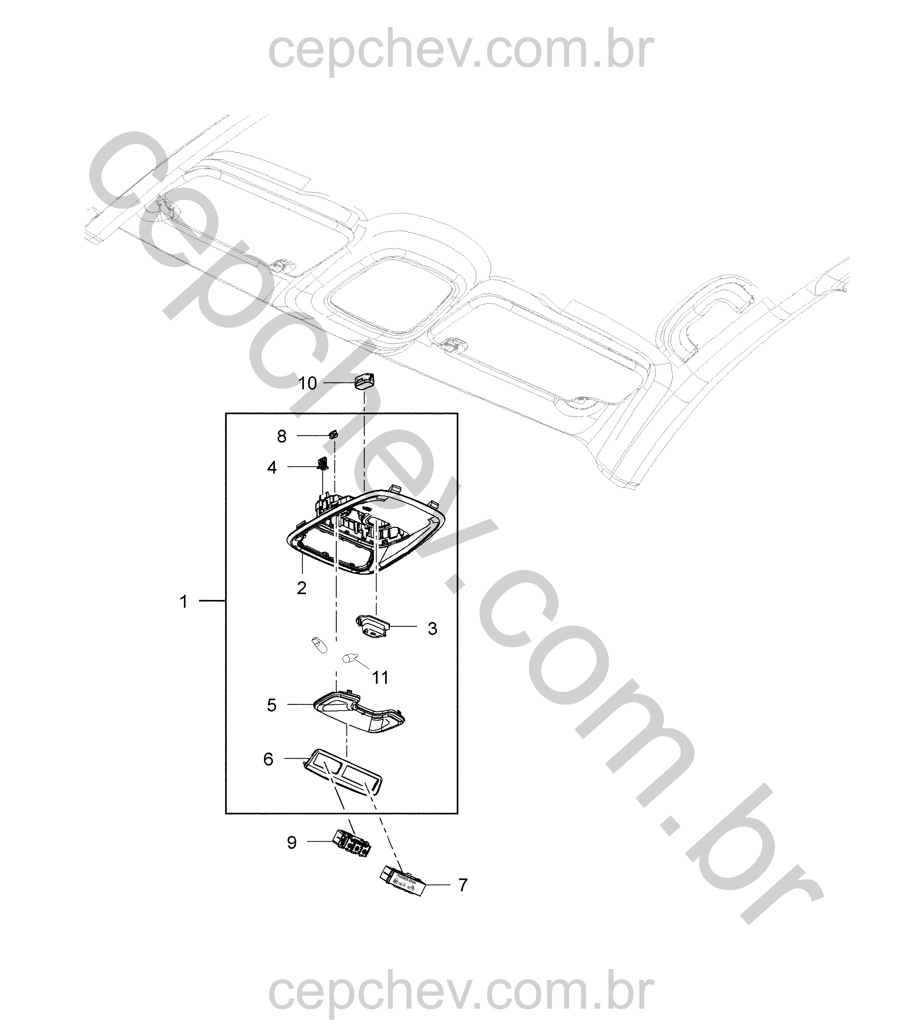 Revestimento do teto e console com iluminação e interruptores internos