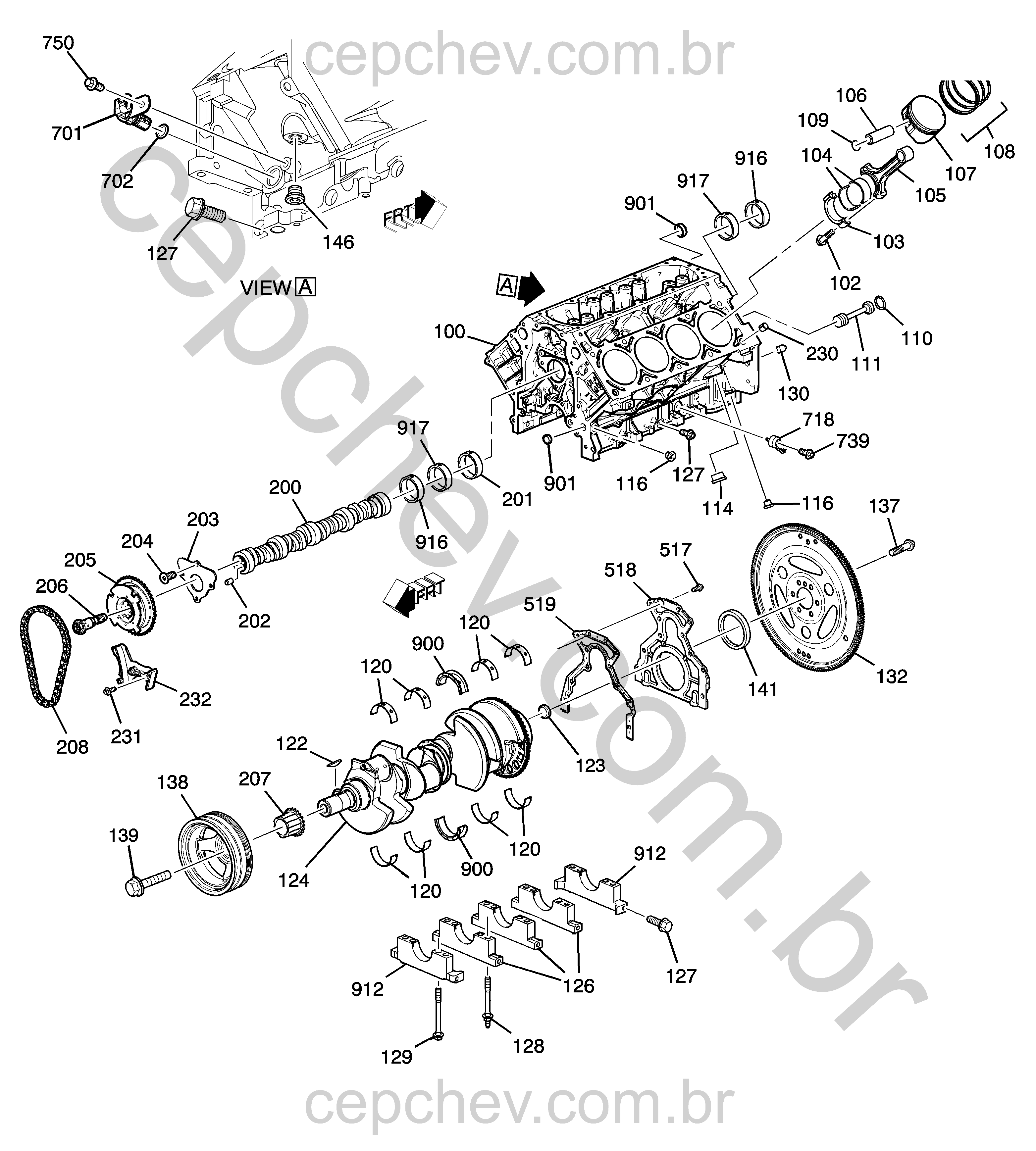 Bloco do motor 6.2L V8 e peças relacionadas ao comando e vedação