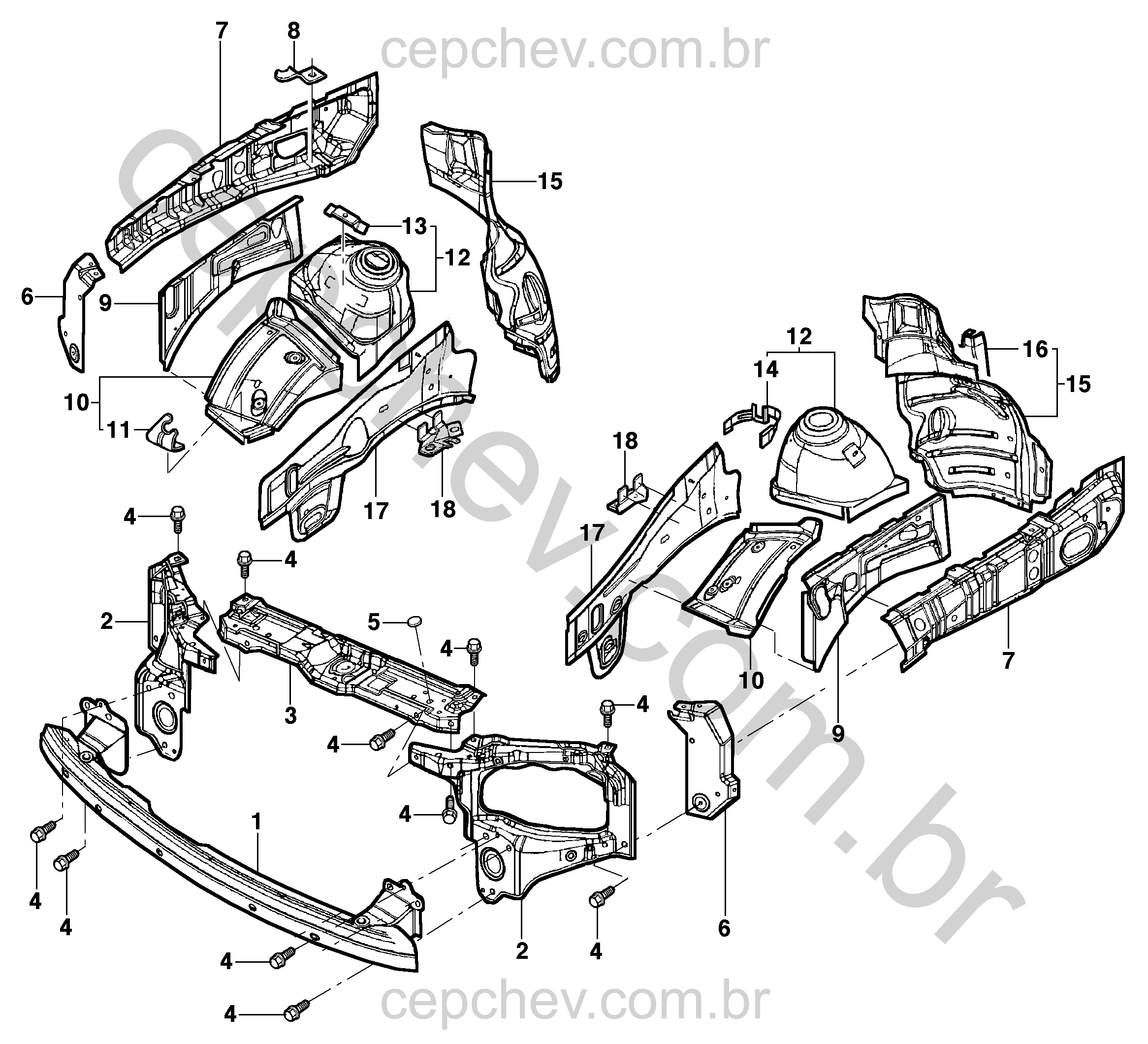 Estrutura dianteira para sedan, hatch e pick-up com painéis e suportes variados