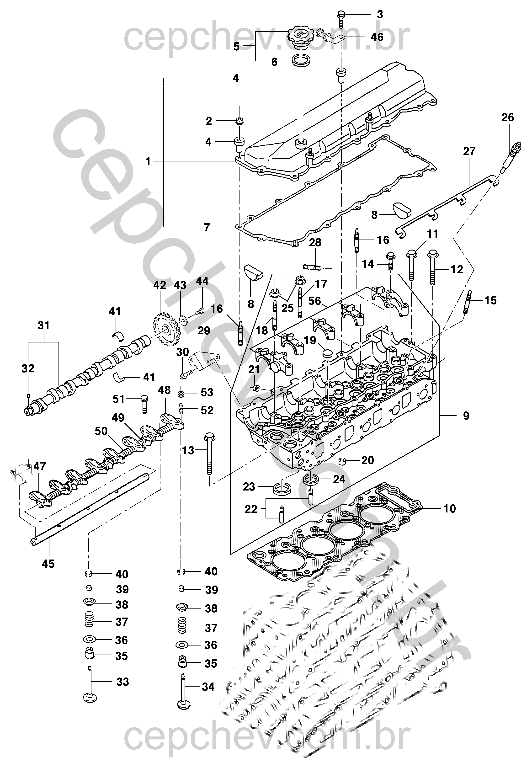 Cabeçote do motor com válvulas, balancins, juntas e acessórios diversos