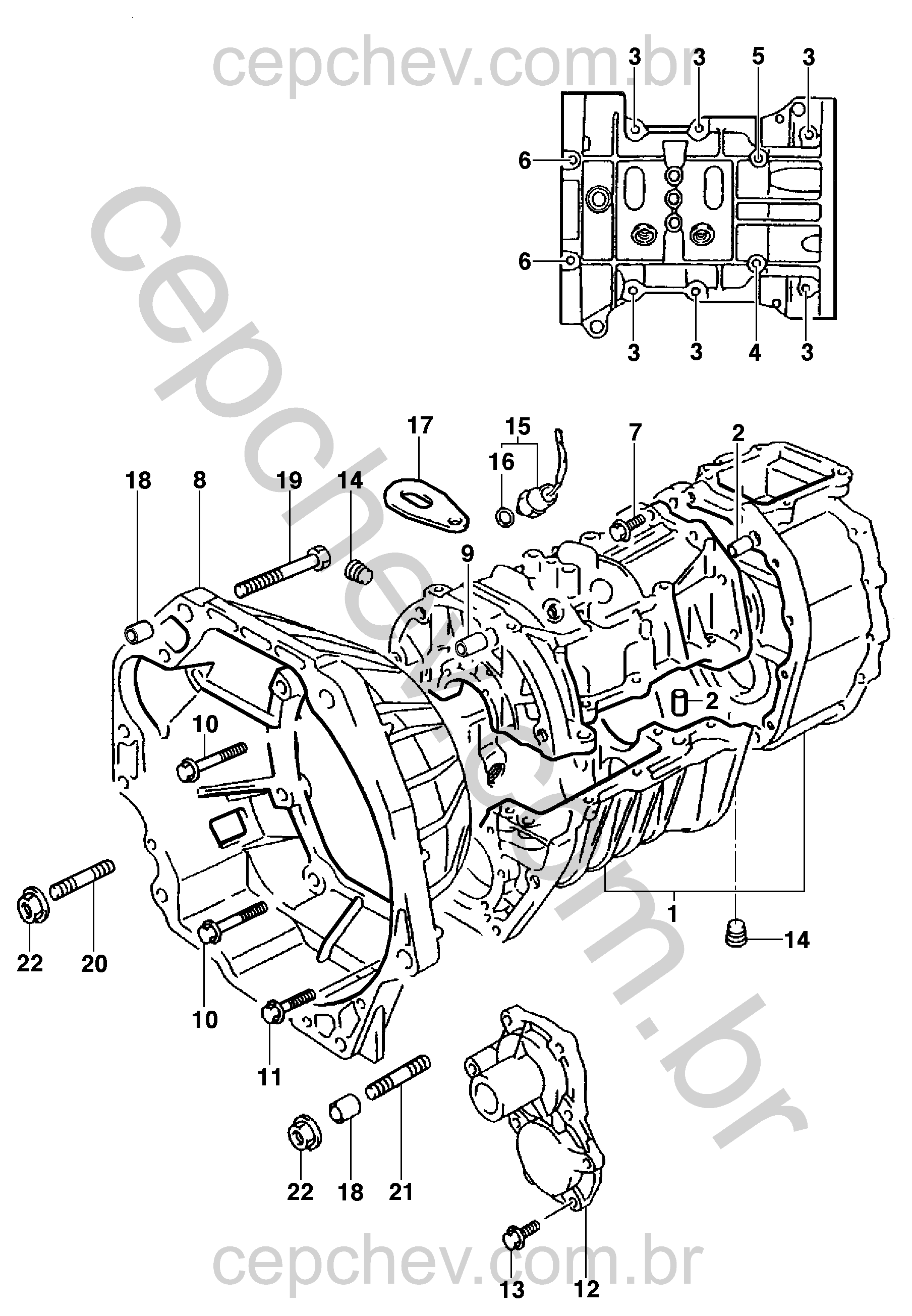 Carcaça da transmissão mecânica motor gasolina (2007) e componentes associados
