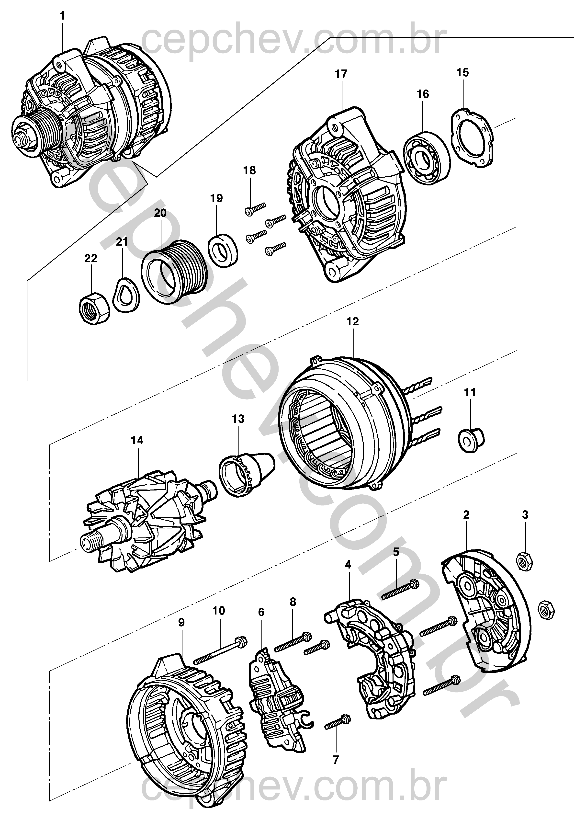 Alternador 120A Bosch e componentes de fixação e rolamento