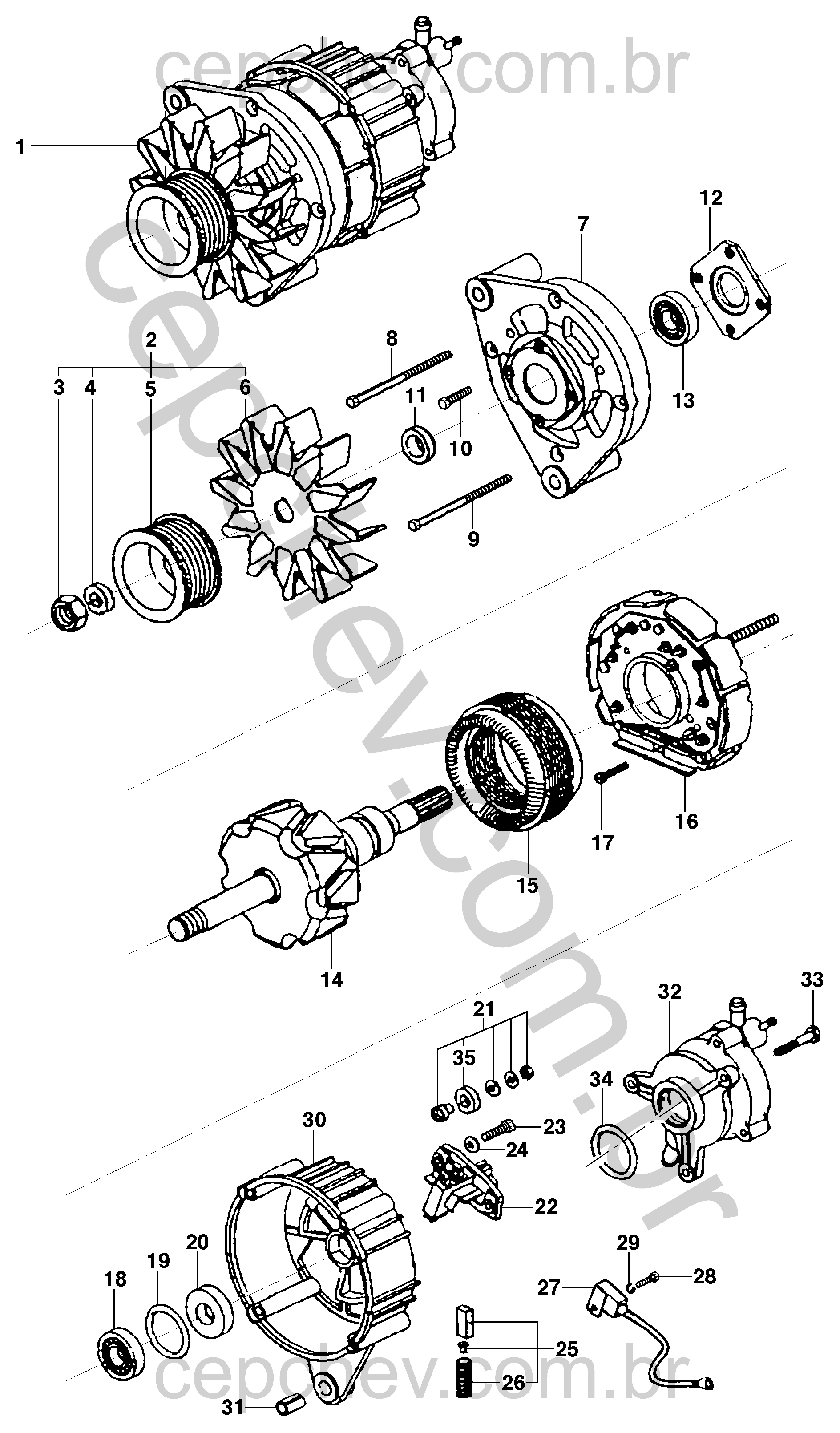 Componentes do alternador para motor LK6, incluindo regulador e rolamentos