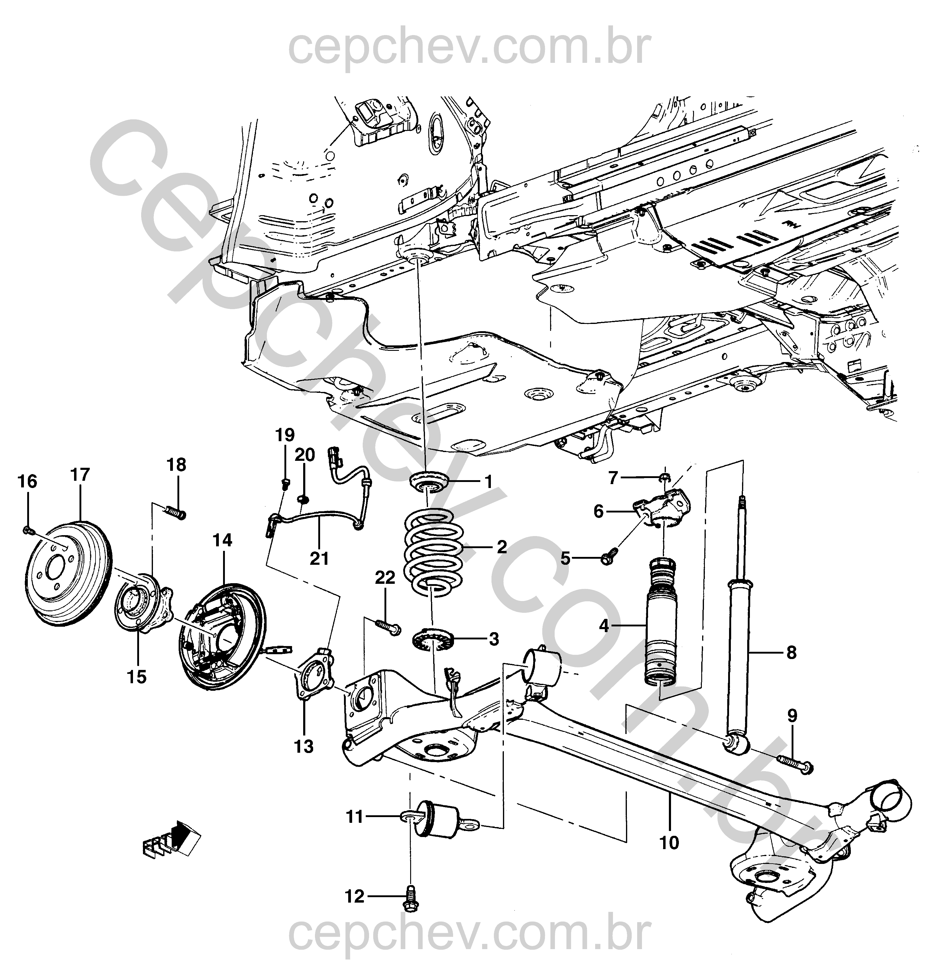 Suspensão traseira, amortecedor, freio e sensor de velocidade (2013–2019)