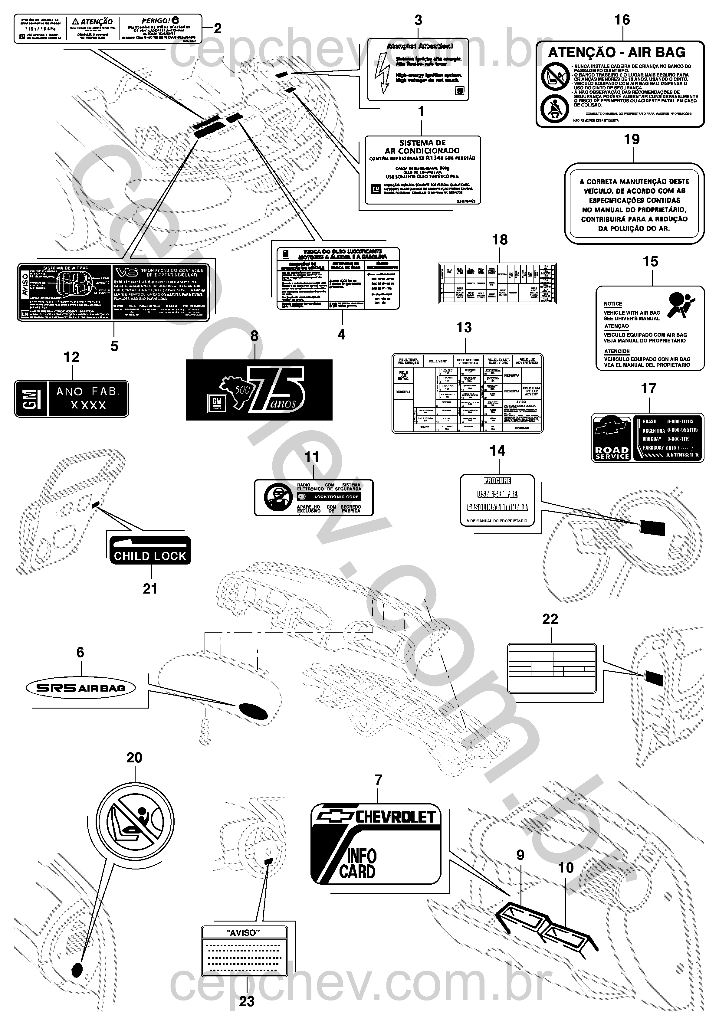 Etiquetas de identificação, controle e recomendações do veículo