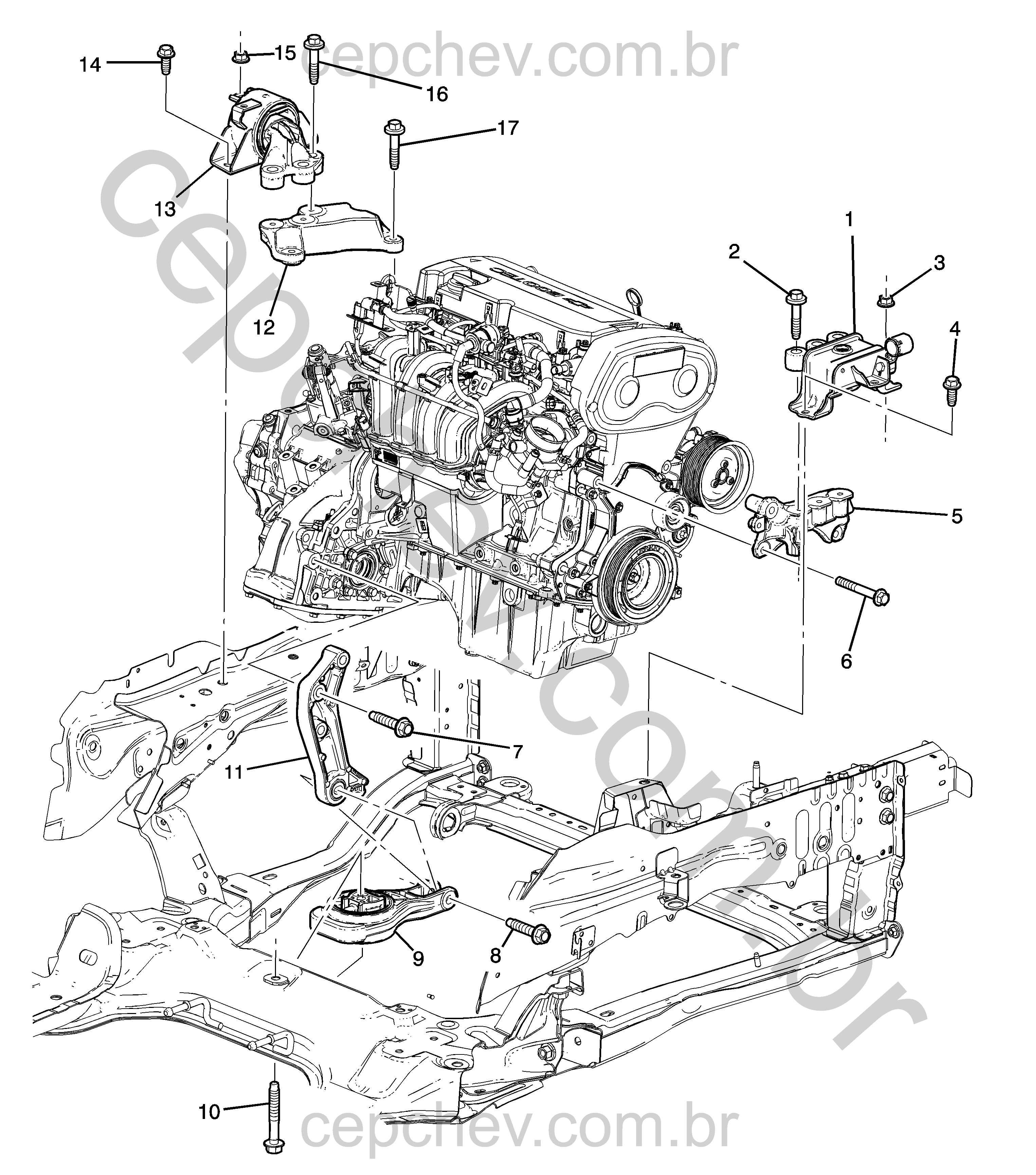 Montagem motor 1.6 e transmissão manual MXP (2012) com suportes e coxins