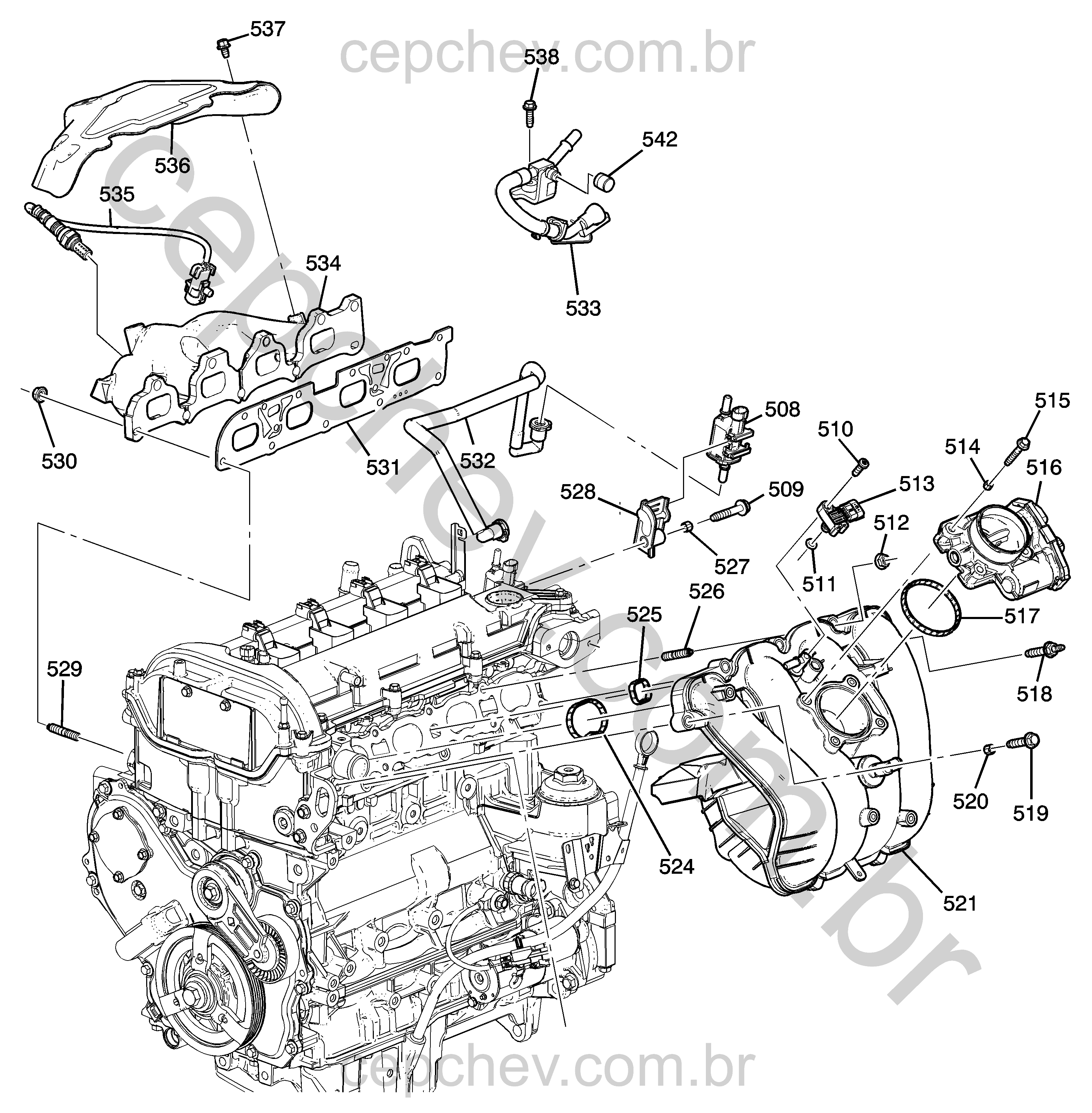 Conjunto motor 2.4L L4 com coletores e peças do sistema de combustível