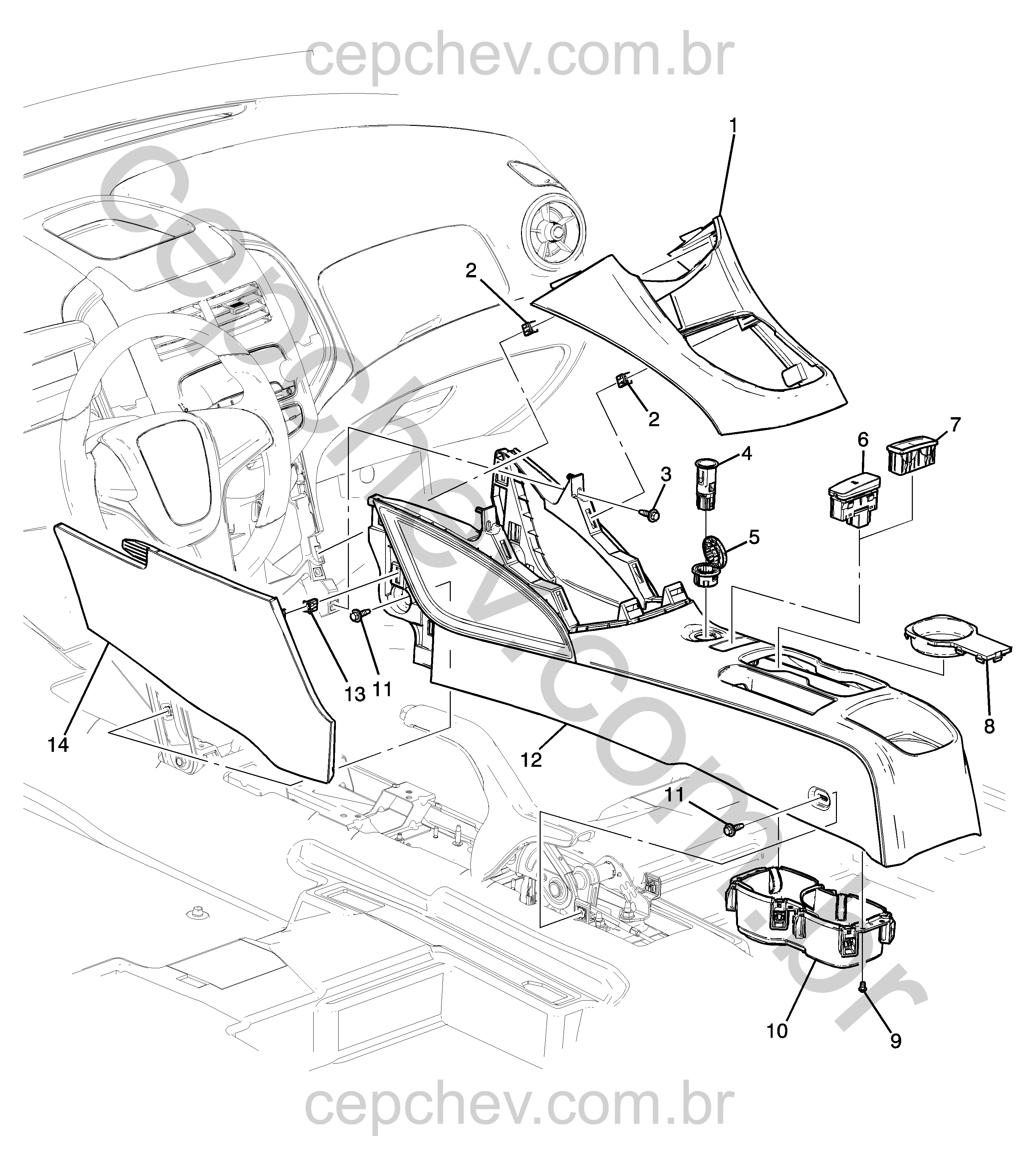 Console assoalho dianteiro (2014) com acessórios e componentes elétricos básicos