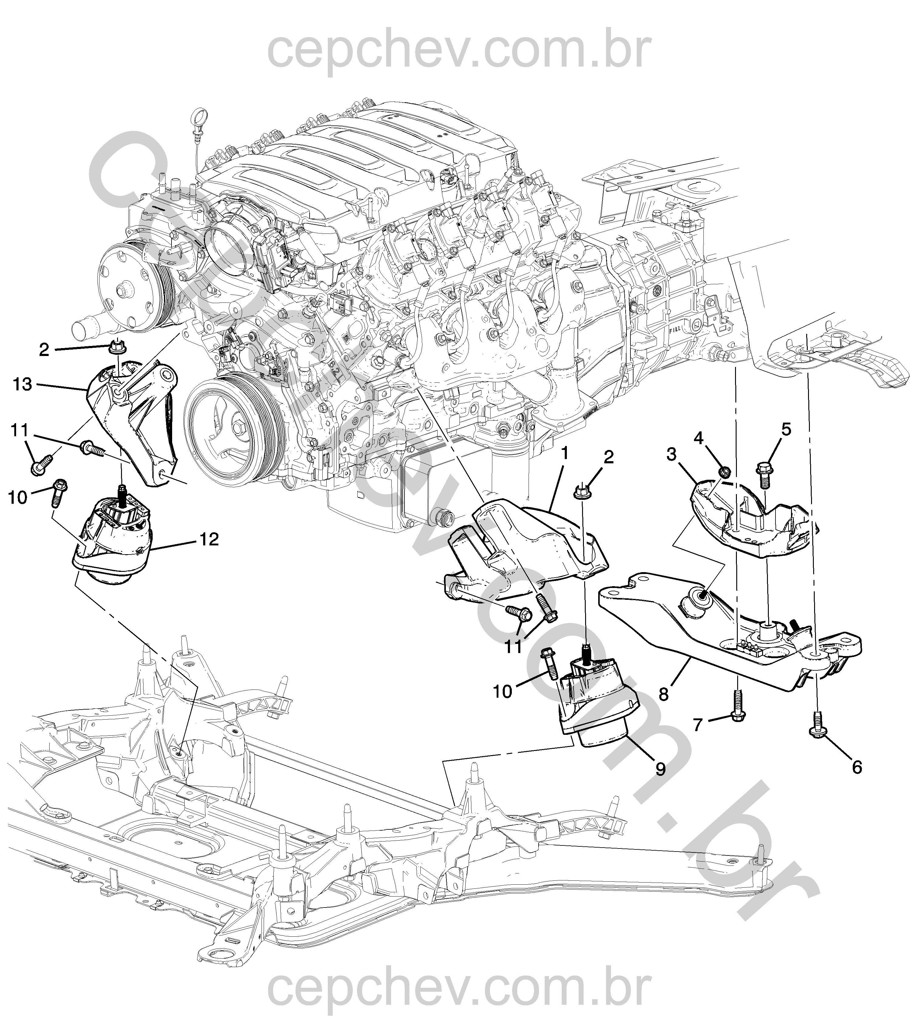 Montagem de motor 6.2-7 e transmissão manual MM6 com suportes e fixações