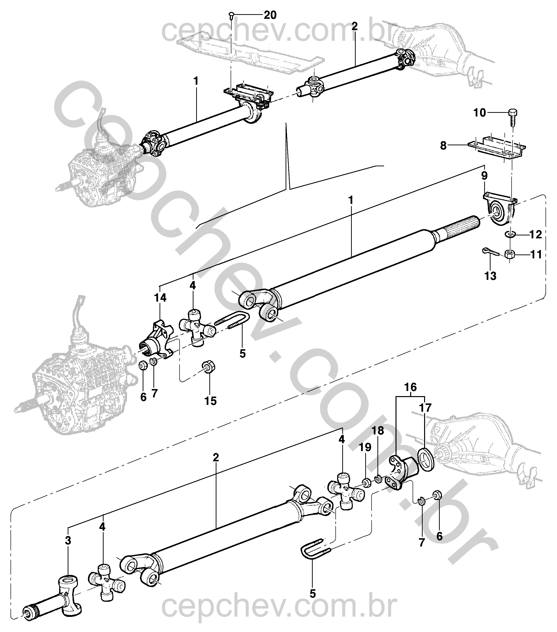Árvore de transmissão dianteira e traseira com suportes e acessórios para GMC 6.100–6.150