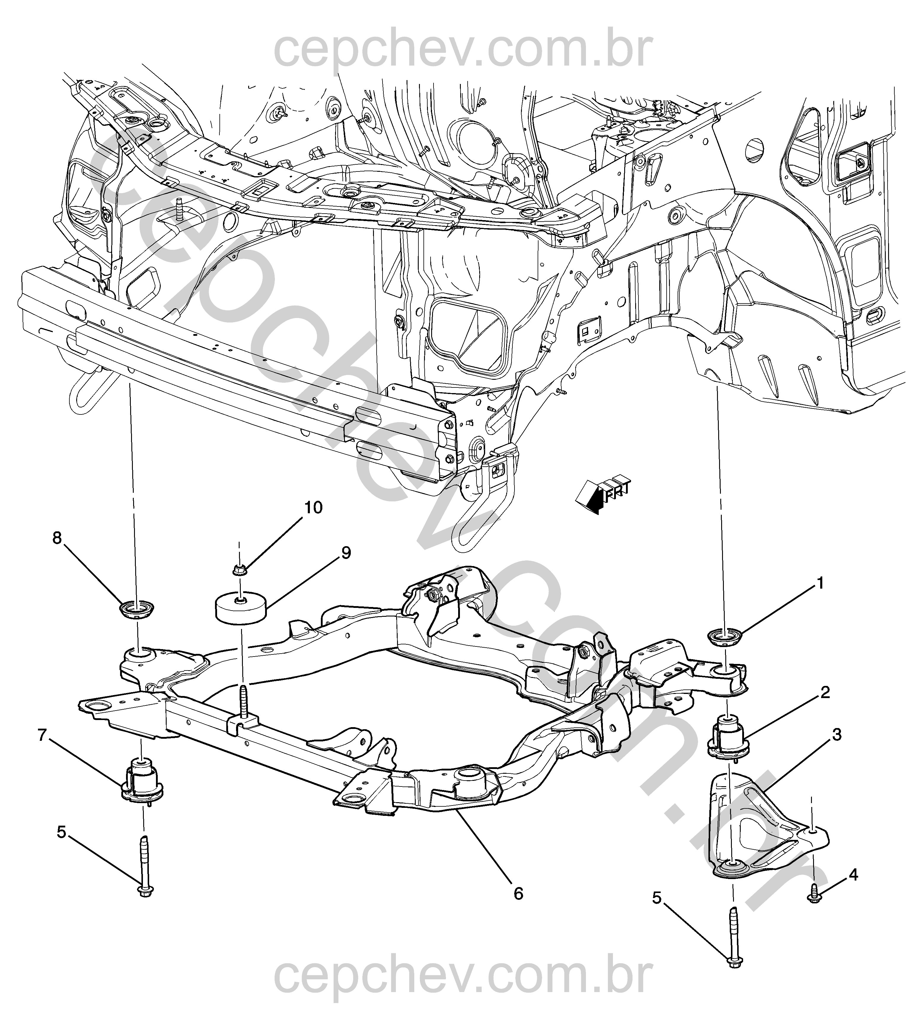 Estrutura e fixação da suspensão dianteira e conjunto motor-transmissão (LE9/2.4)