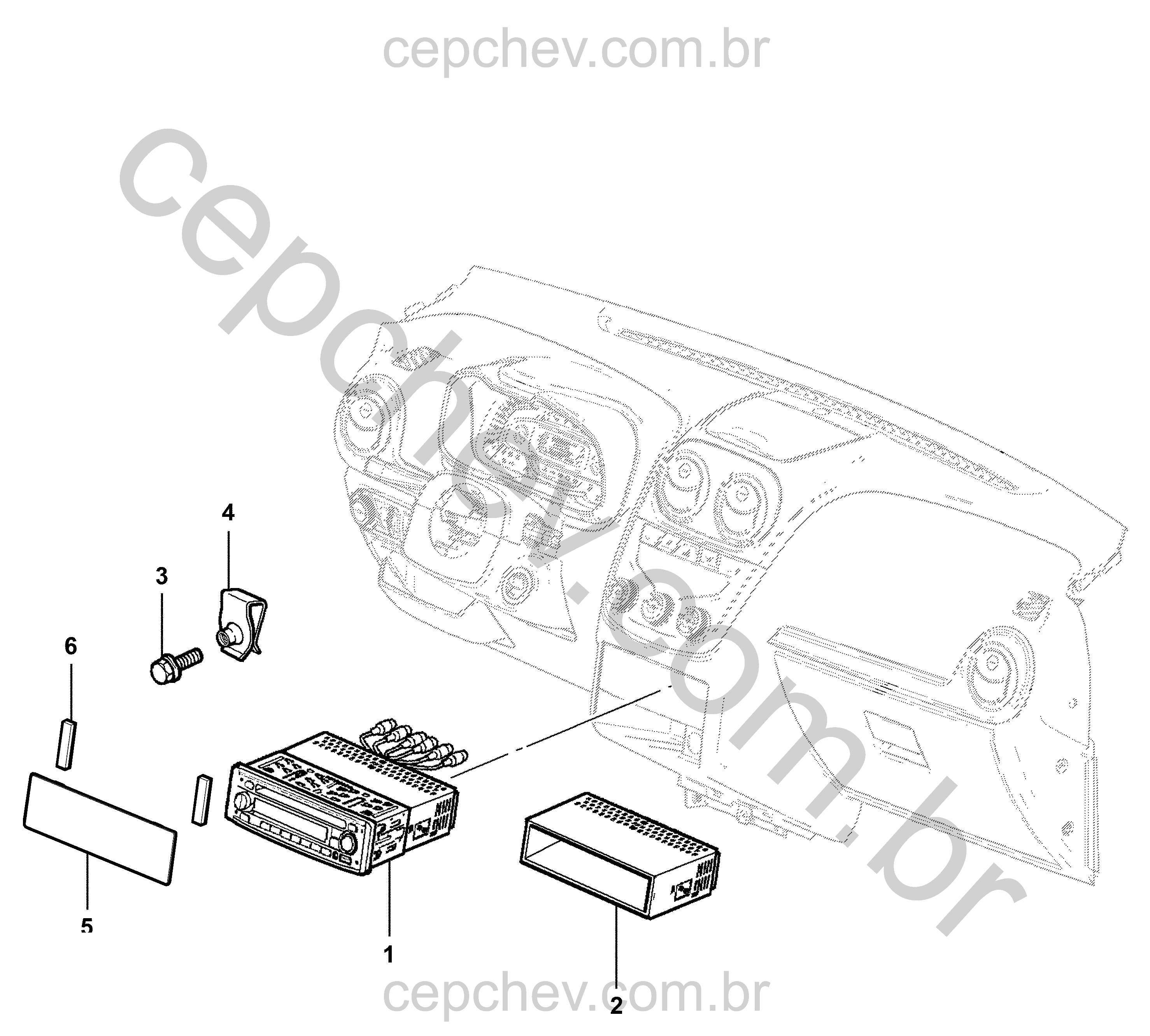 Conjunto rádio com receptor, controle, antena e suportes diversos