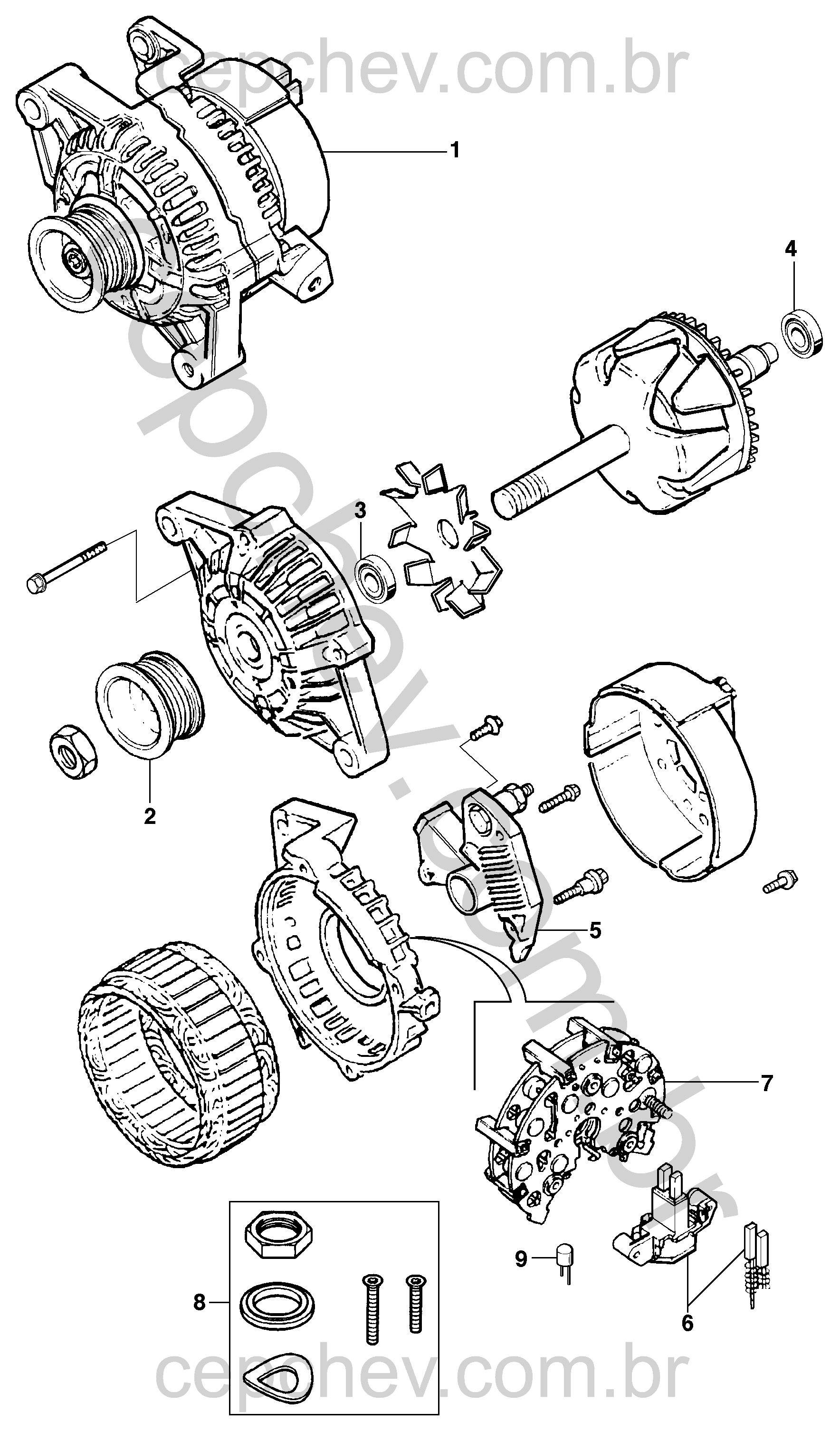 Conjunto alternador 120A com regulador, polia, escova e rolamentos