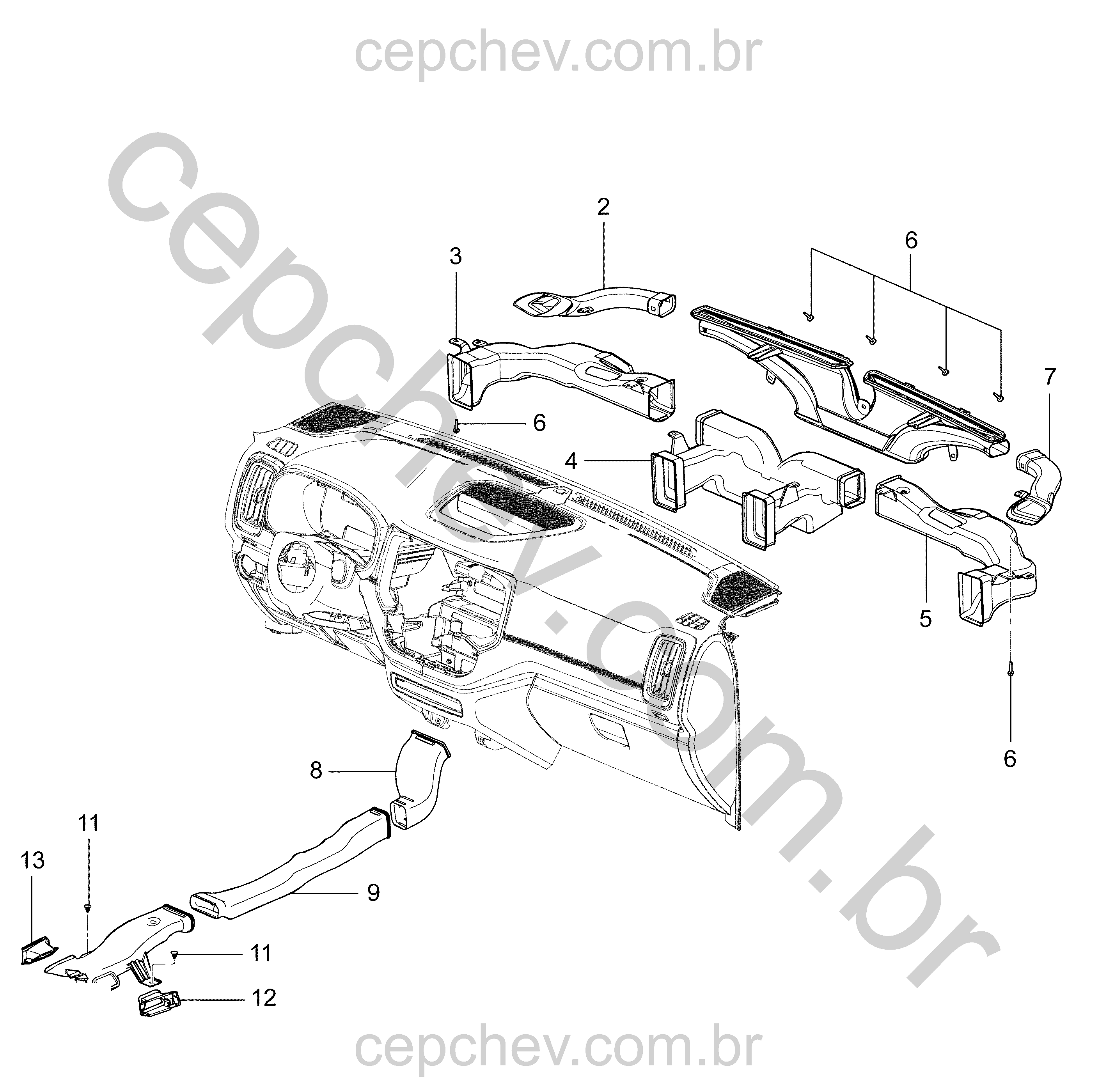 Sistema de distribuição de ar do ar-condicionado (LHD) com dutos e saídas variadas