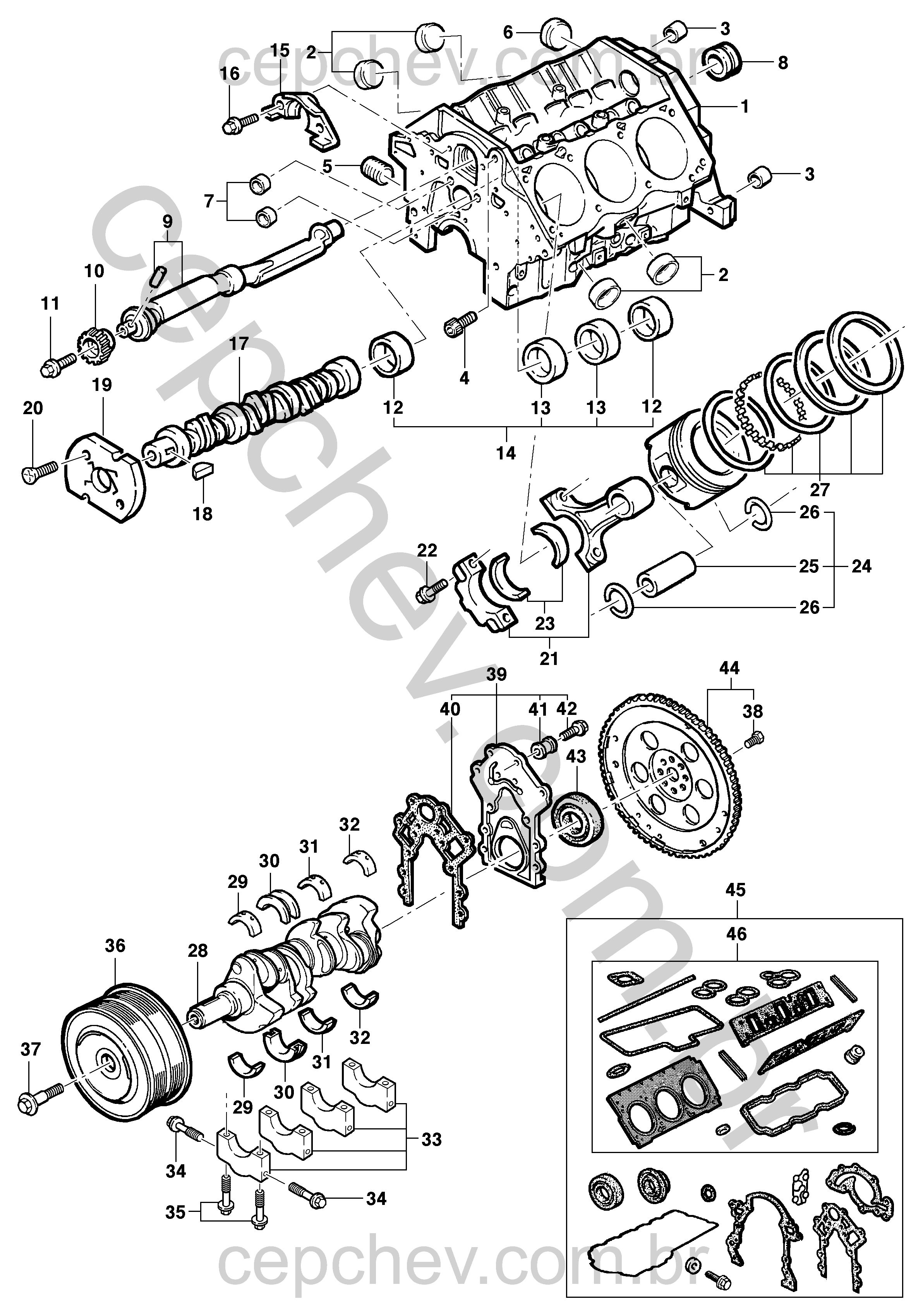 Bloco, êmbolos e árvore de manivelas (1999–2004) para motor 3.8 V6 SFI