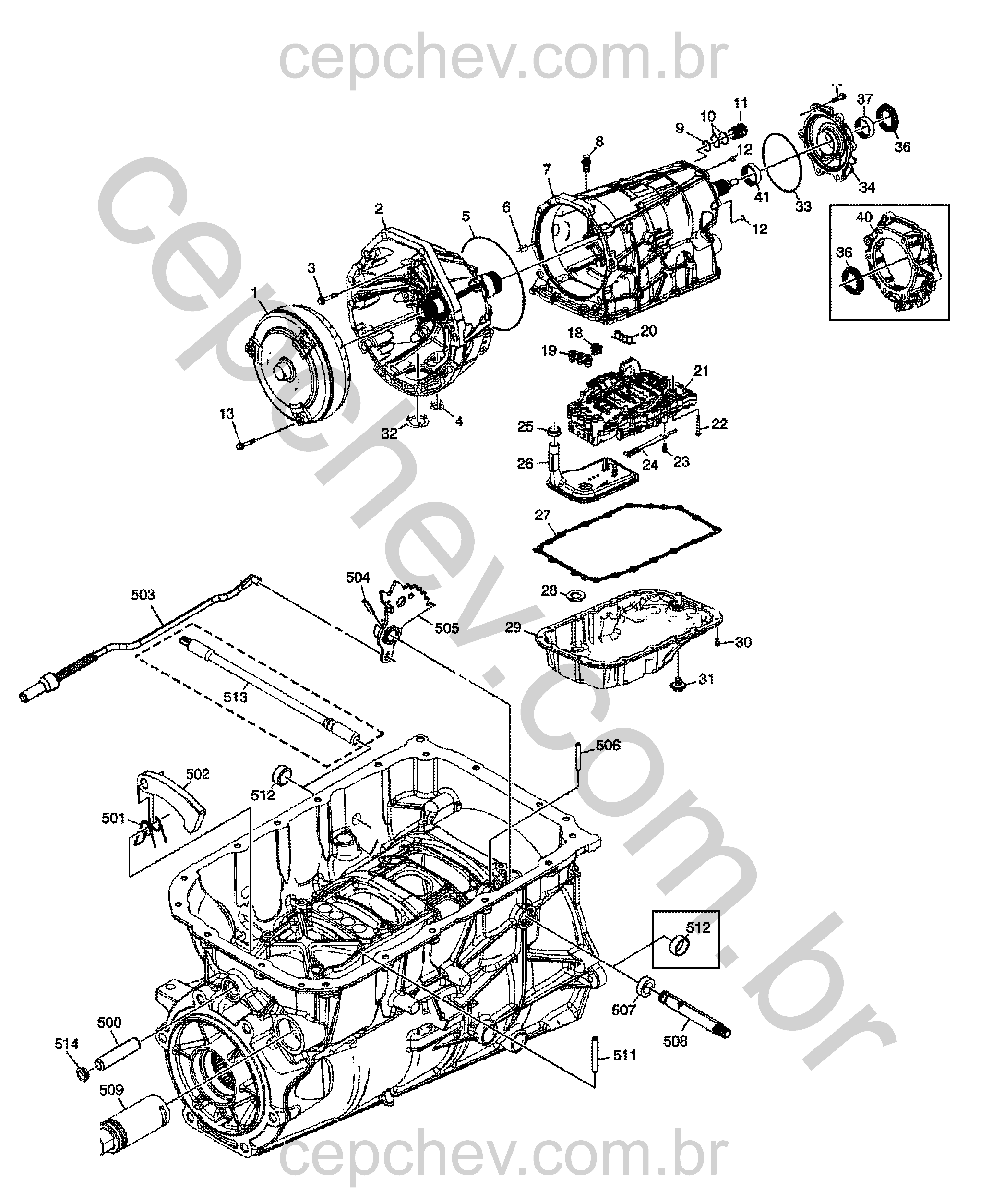 Transmissão automática e manual com conversor de torque e componentes hidráulicos