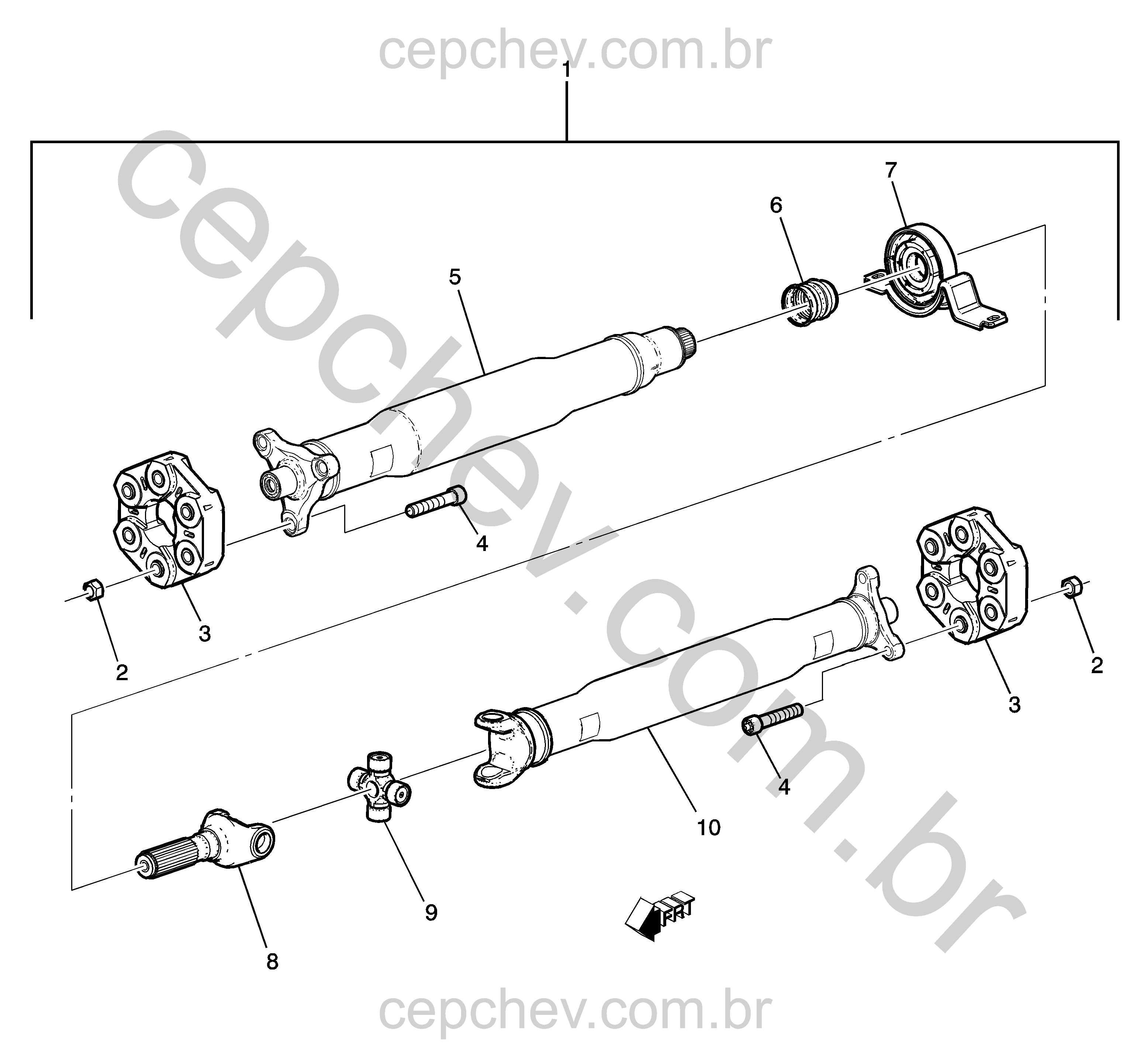 Eixo de propulsão (2017–2024) com componentes de transmissão e suporte central