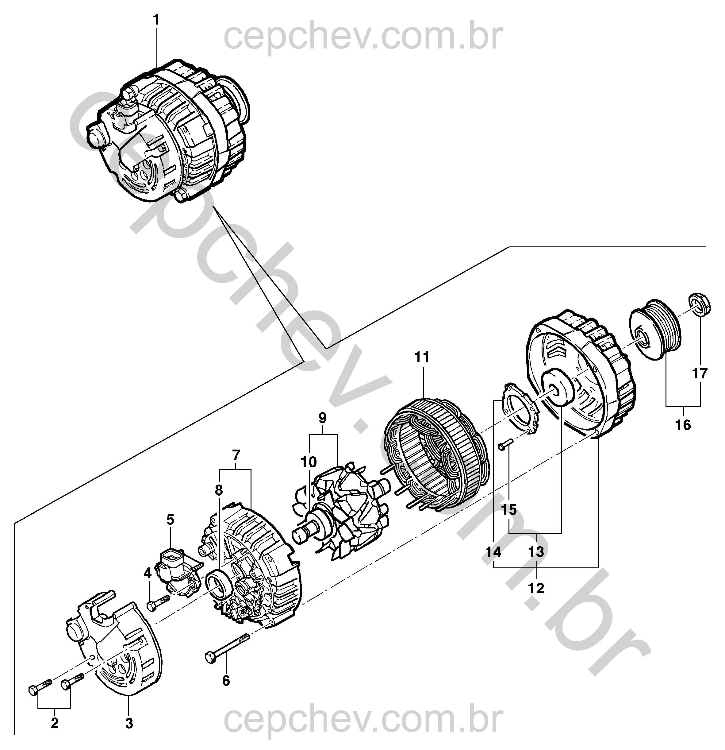 Alternador 120A com rotor, estator, mancais e acessórios completos
