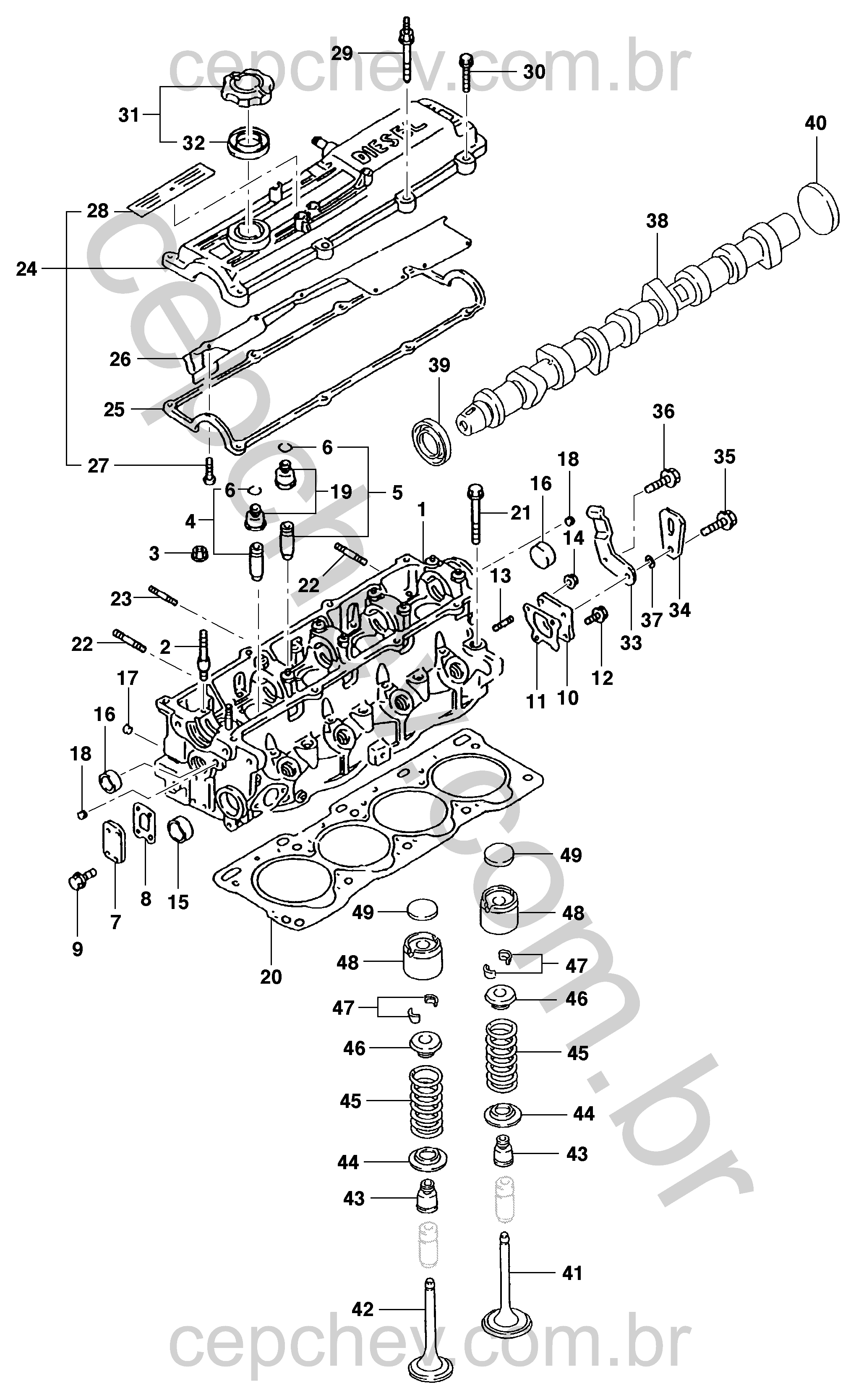 Cabeçote do motor diesel (2001) e componentes associados