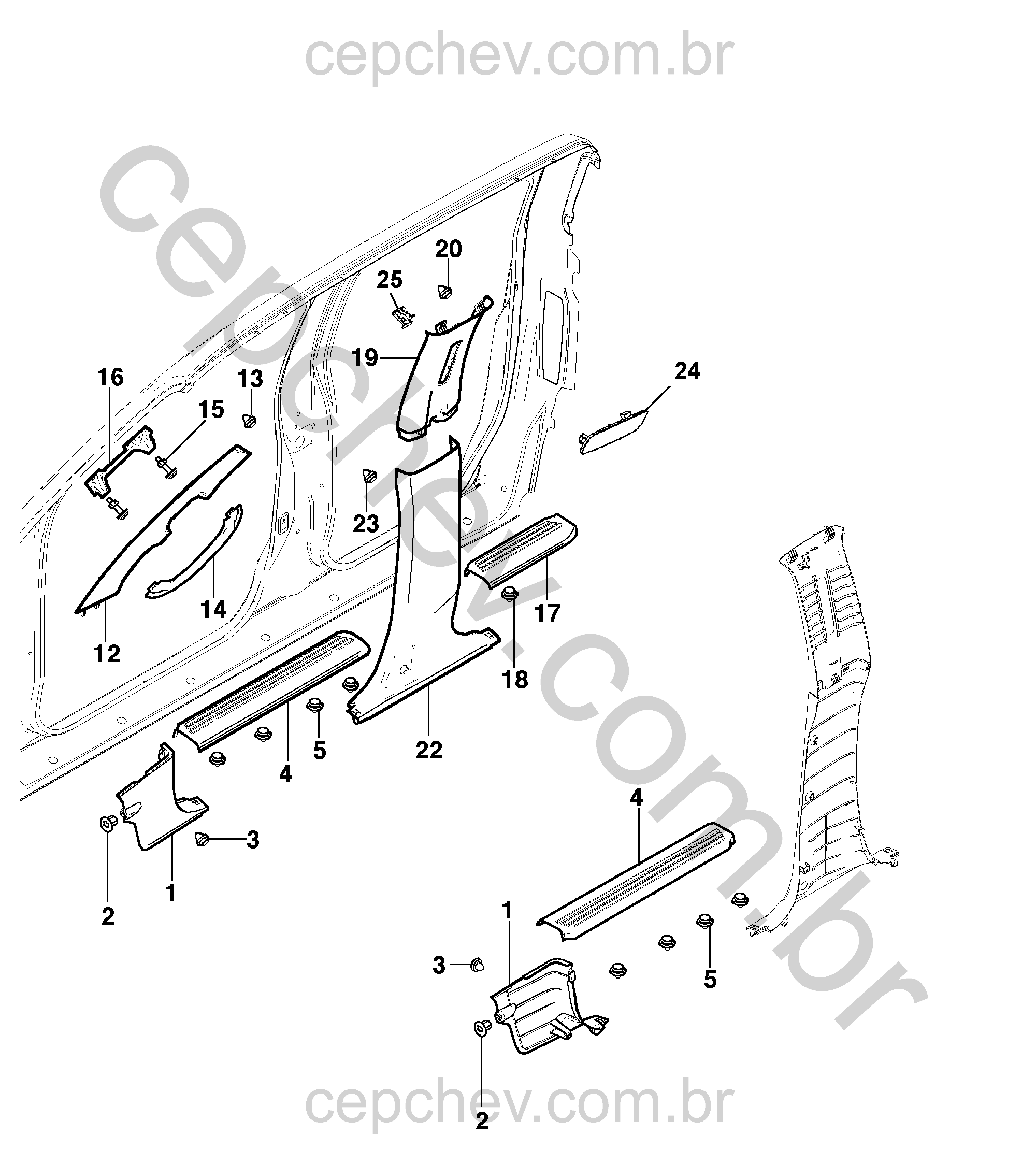 Acabamento lateral interno dianteiro da carroceria e colunas de controle