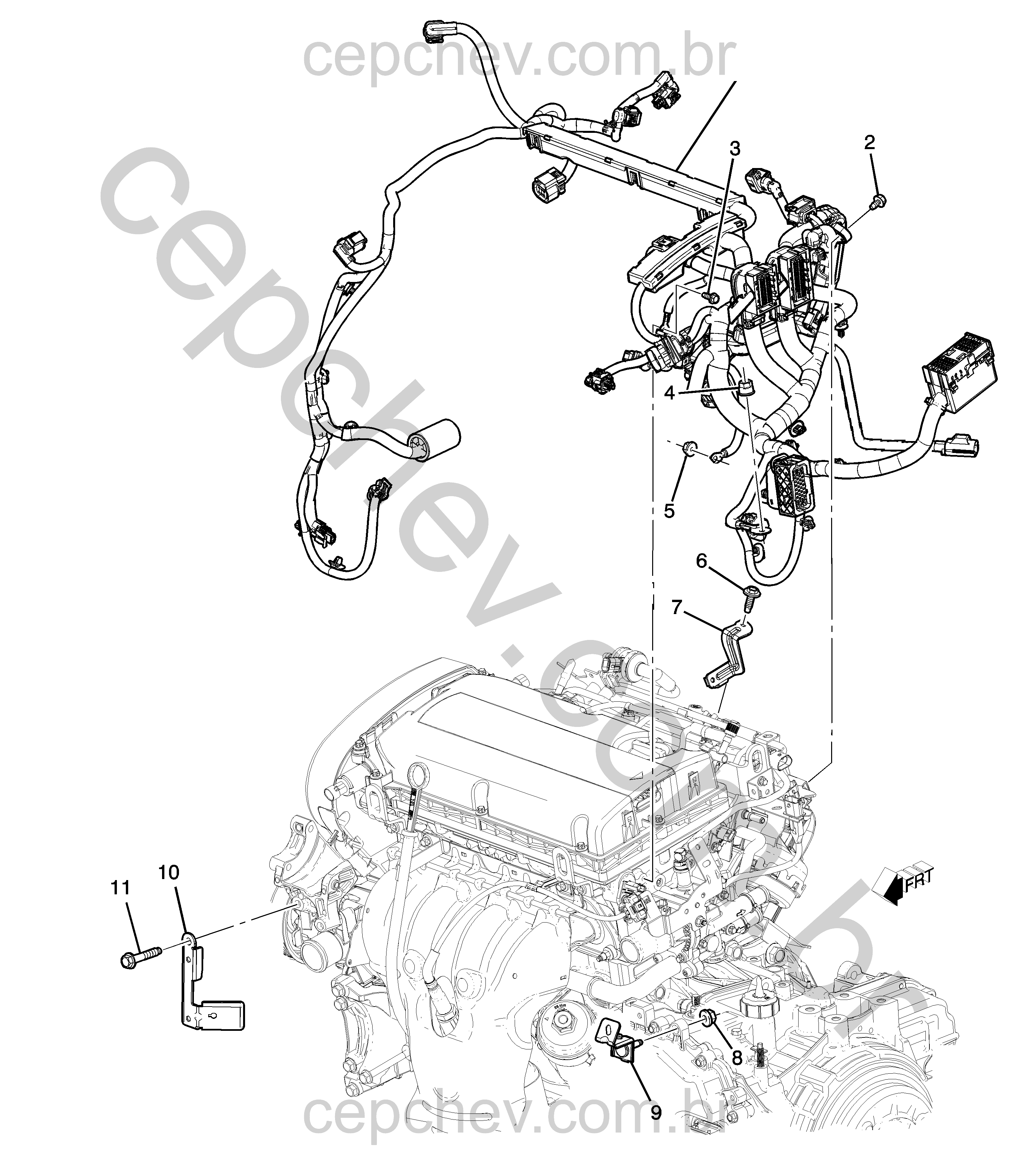 Chicote e suportes do motor 1.8W (LFH) com fiação e fixadores diversos