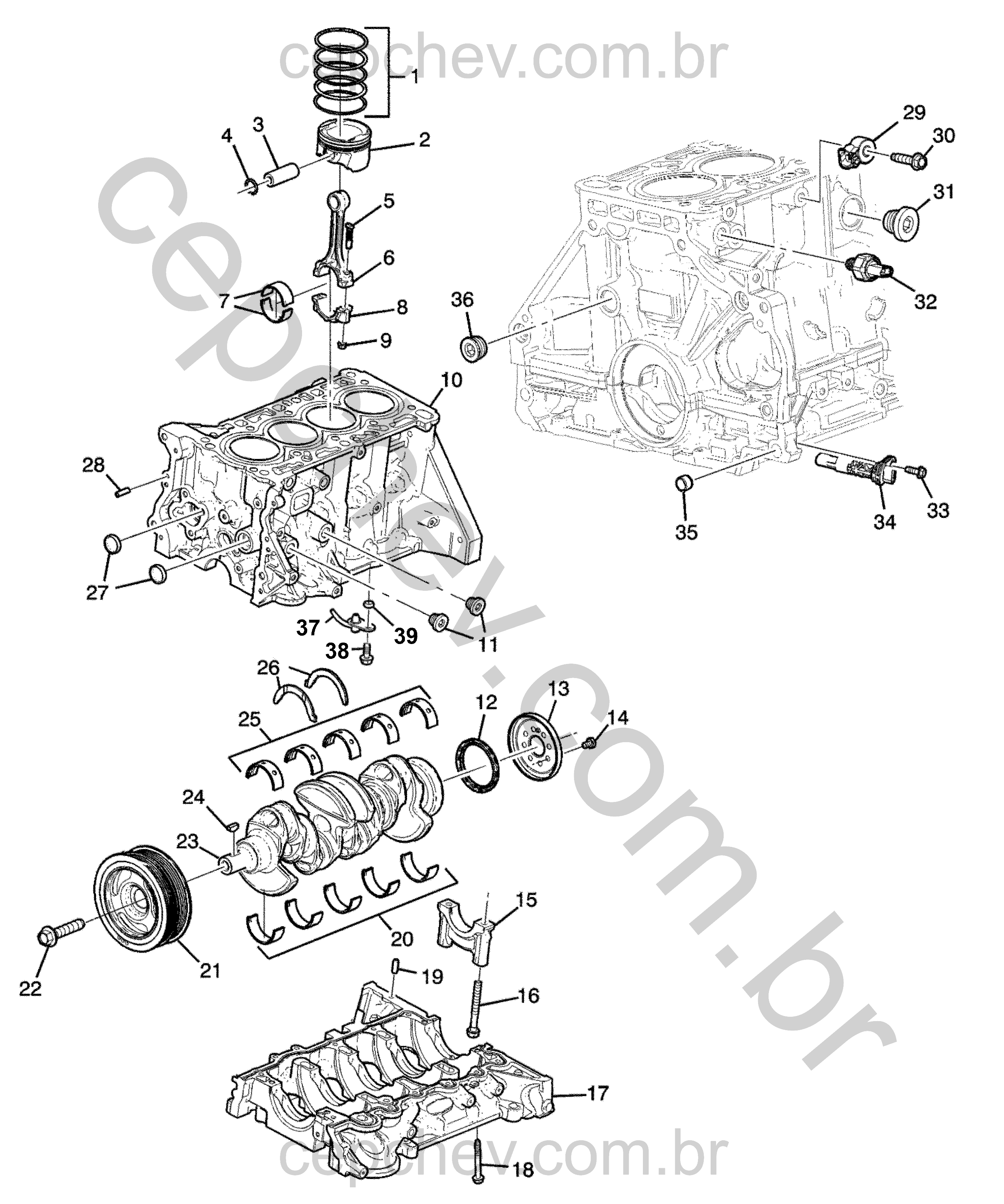 Motor 1.4L L4 bloco de cilindros e peças internas essenciais