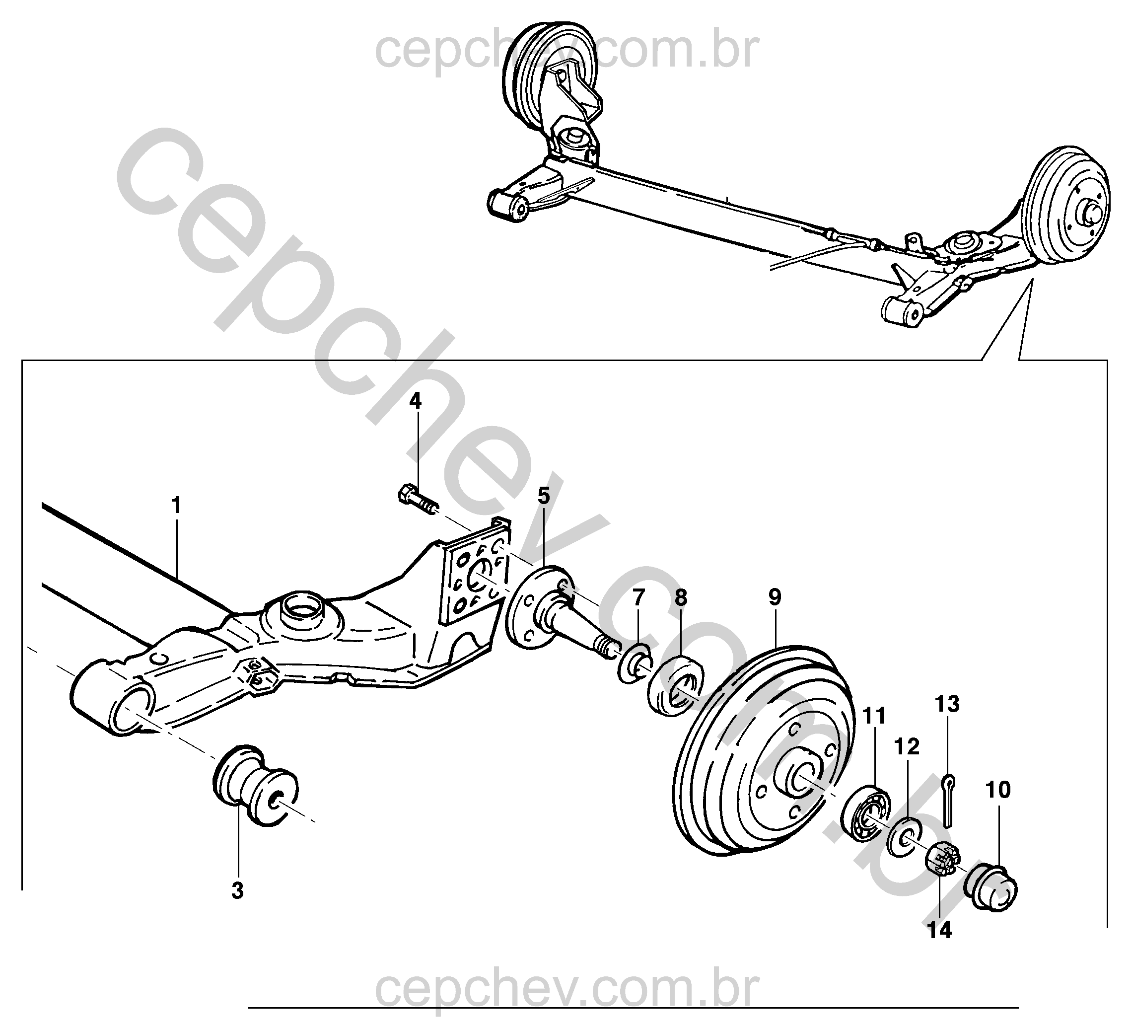 Conjunto eixo traseiro (2013–2016) com rolamentos e cubos completos