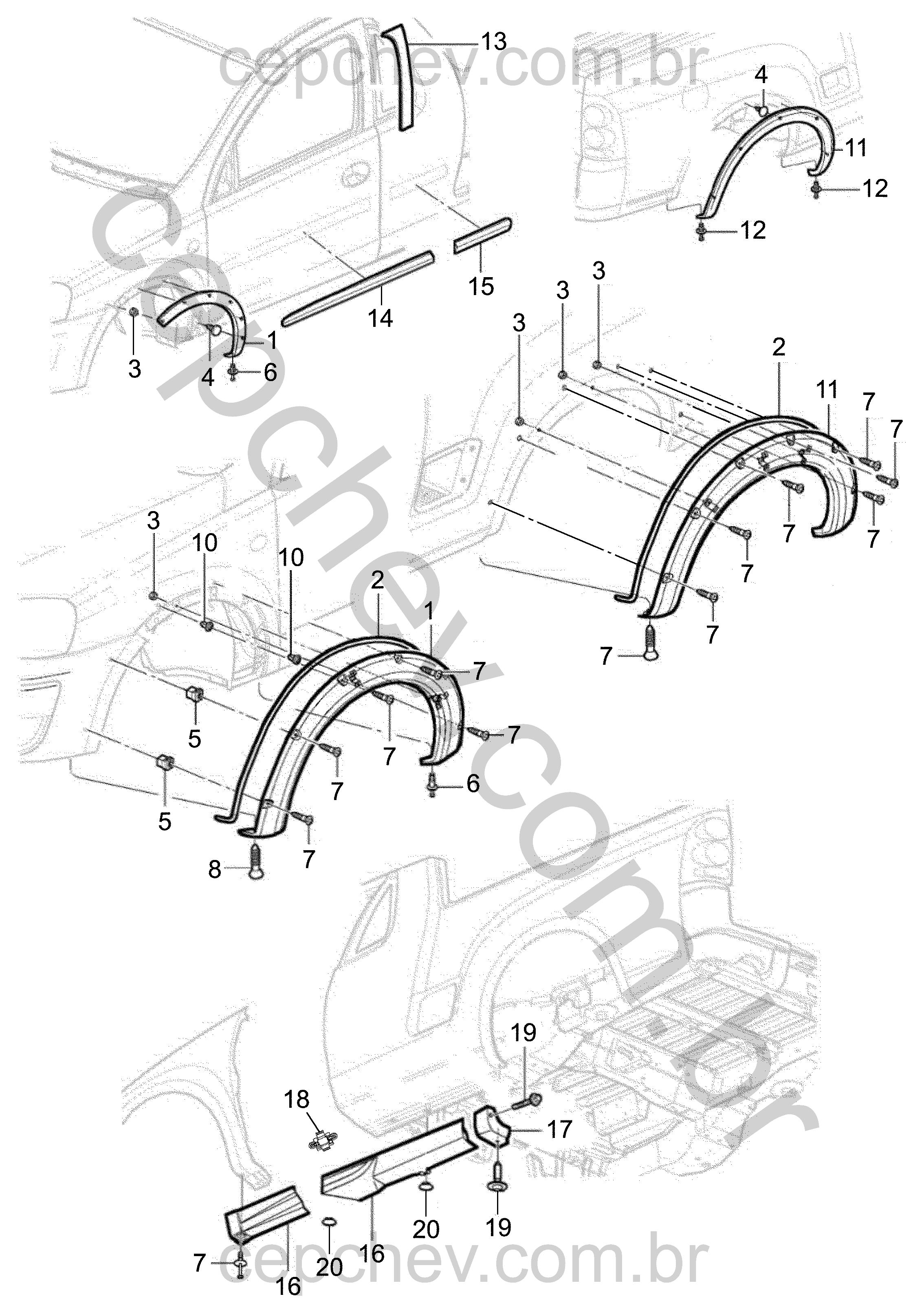 Acabamento externo lateral e traseiro para pick-up com molduras e vedadores