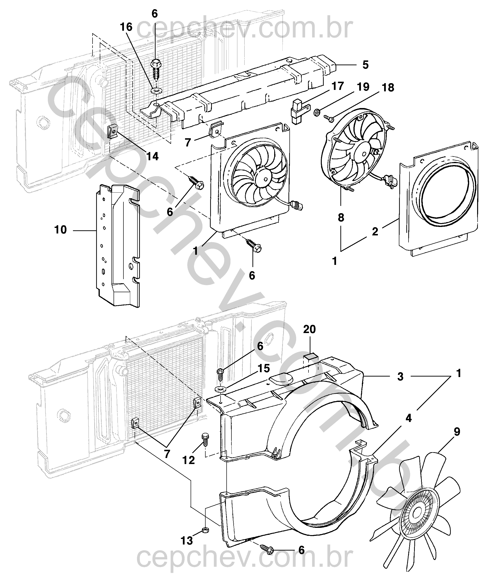 Defletores, hélices e motores do ventilador do radiador
