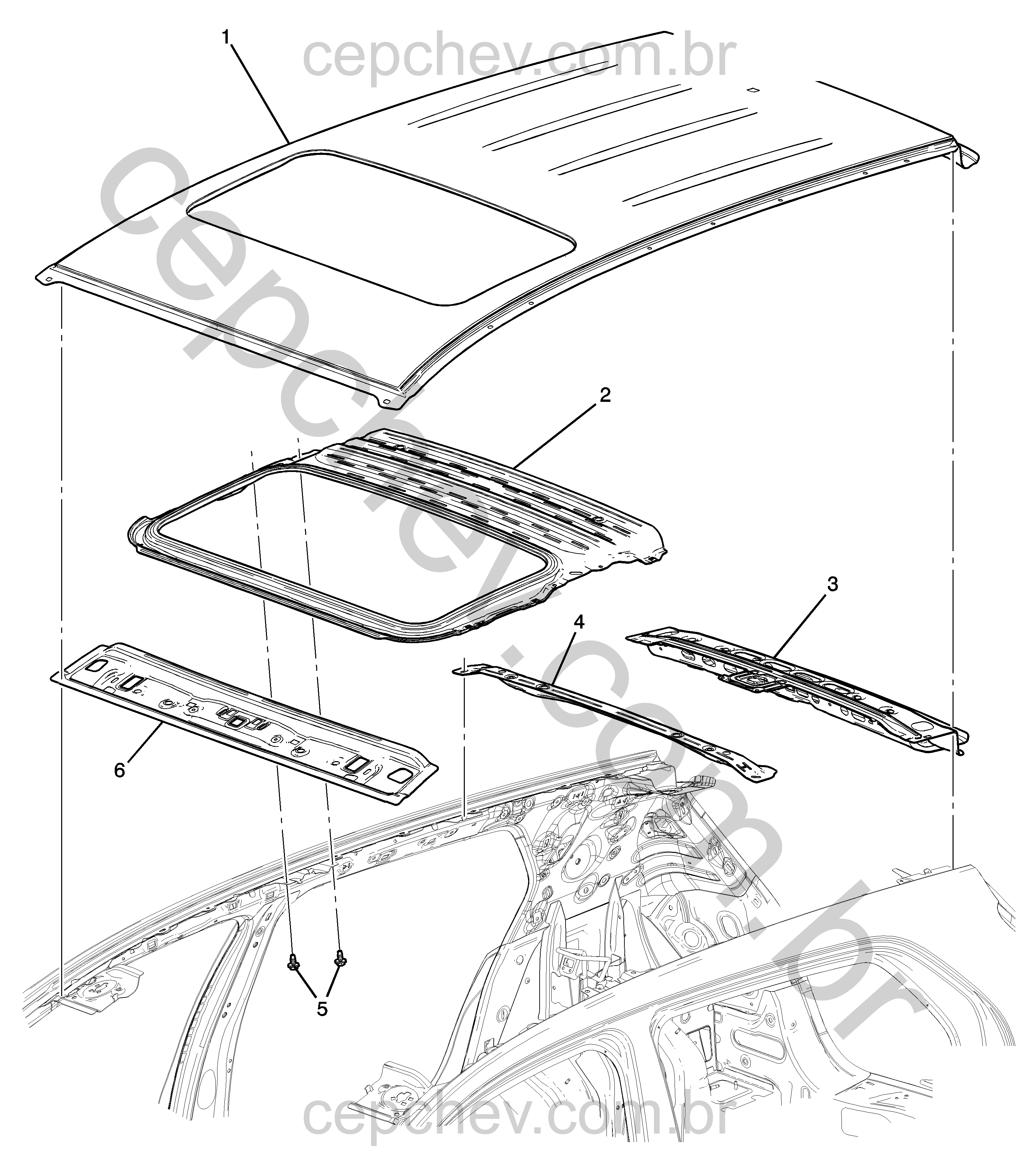 Chapa de metal e teto com abertura para teto solar (CF5)