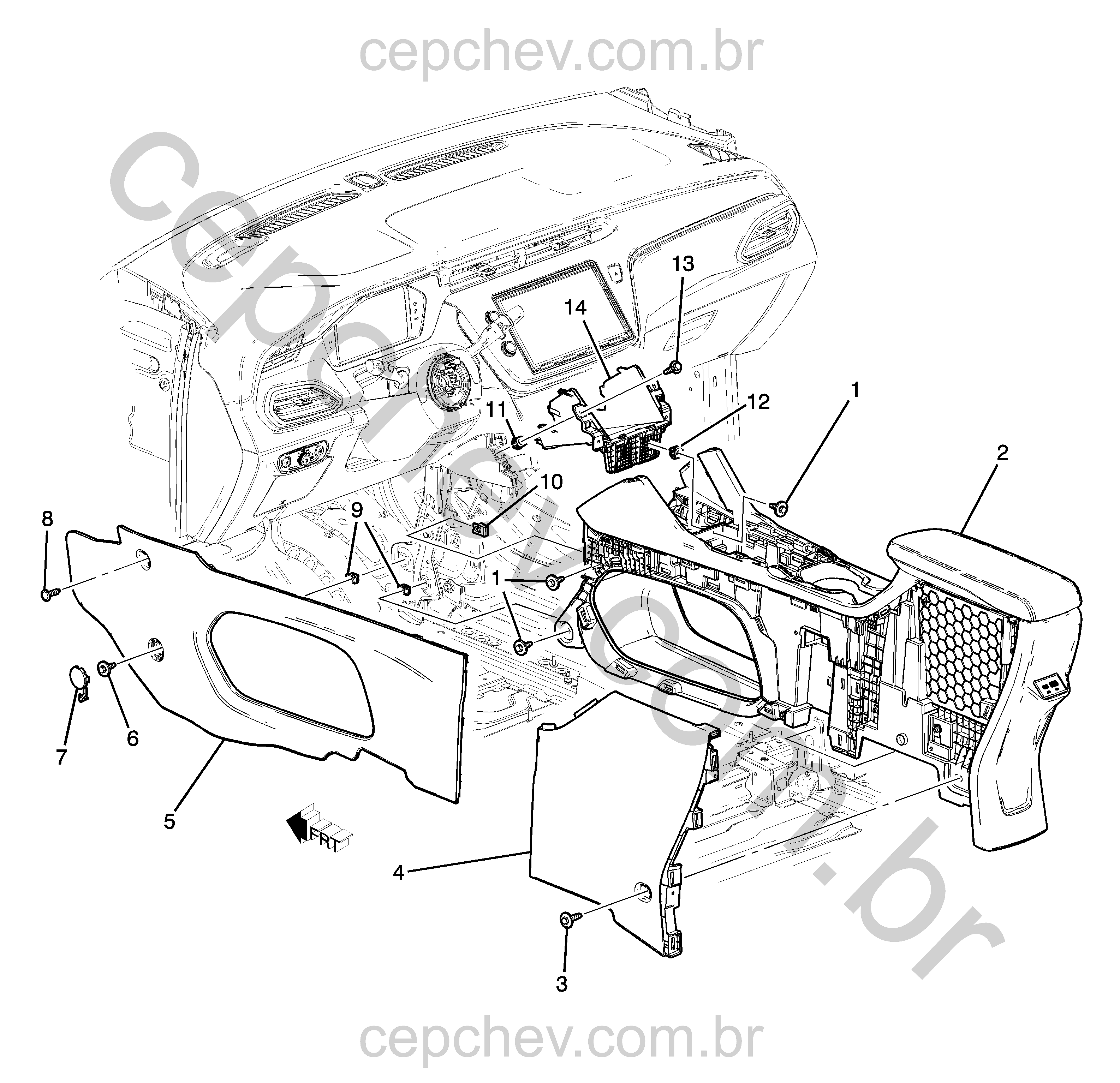 Console e painel de acabamento do assoalho dianteiro (2022–2023)