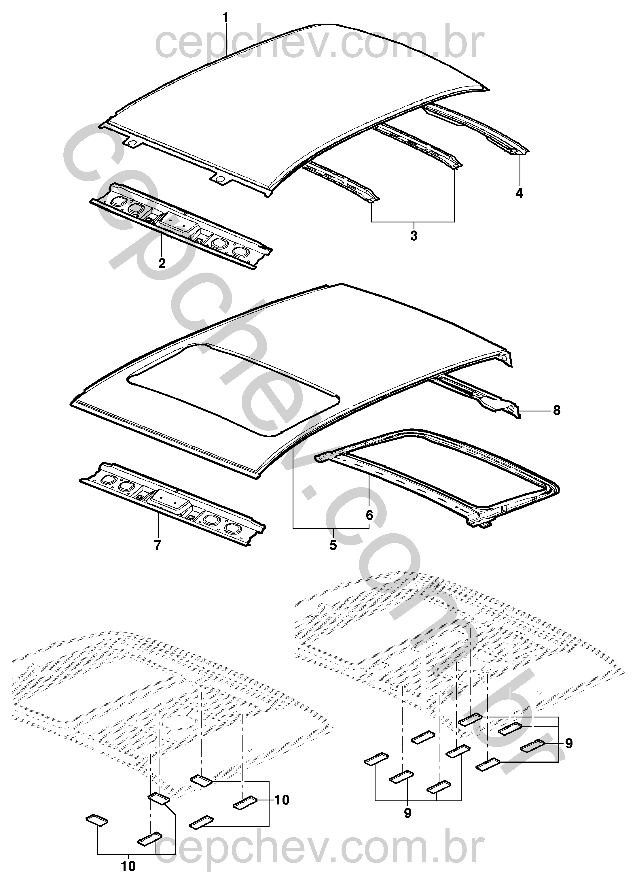 Painel e travessas do teto para sedan e hatch com teto solar