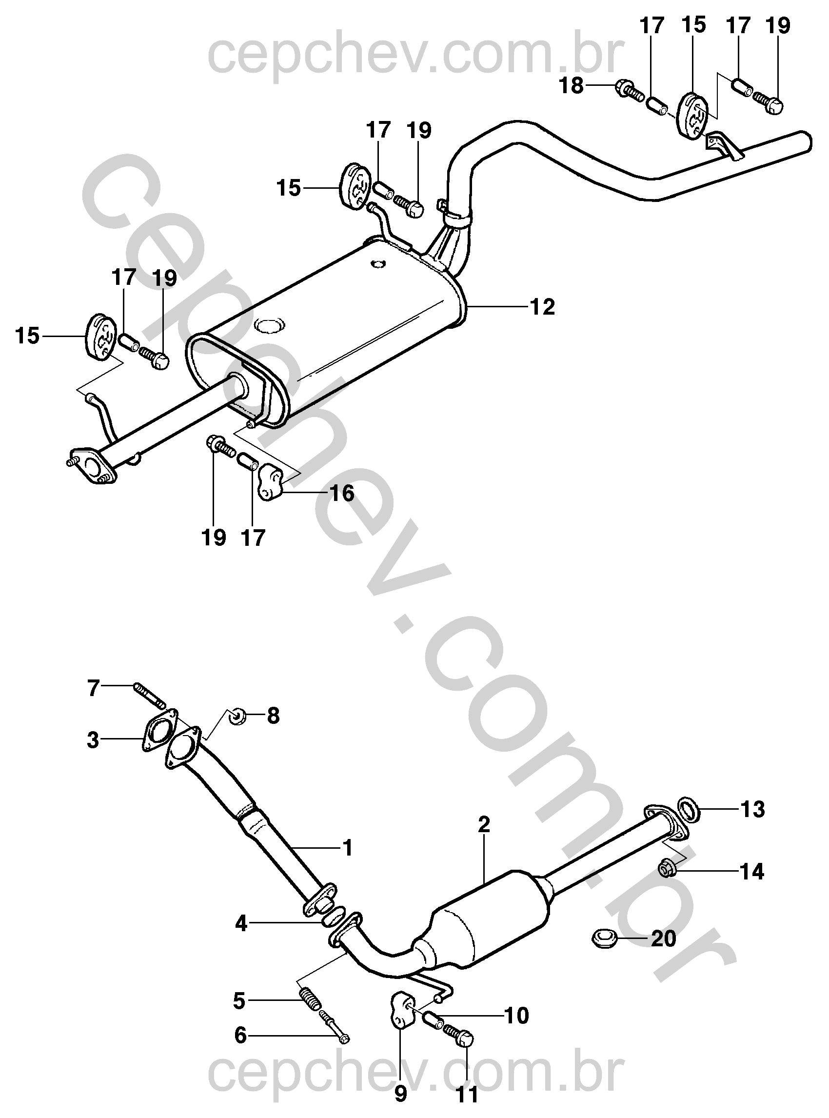 Escapamento para motor diesel (2002–2004) com tubos, juntas e silenciador