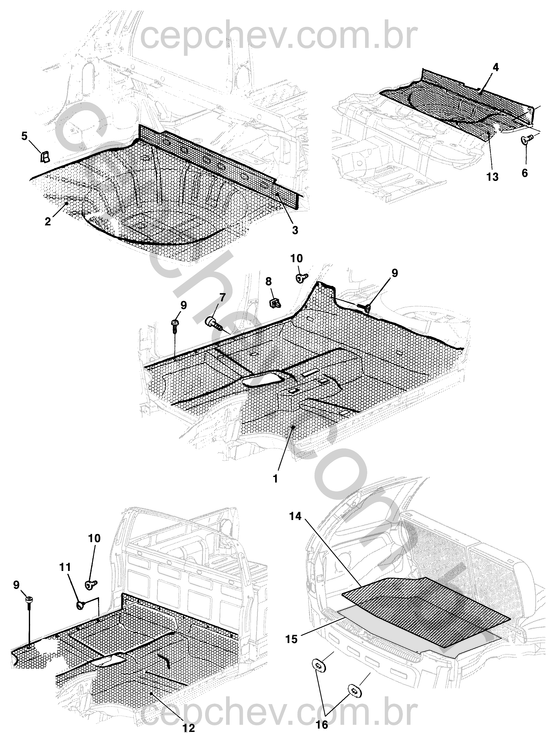 Carpete e painel do assoalho (2011–2017) para interior e porta-malas
