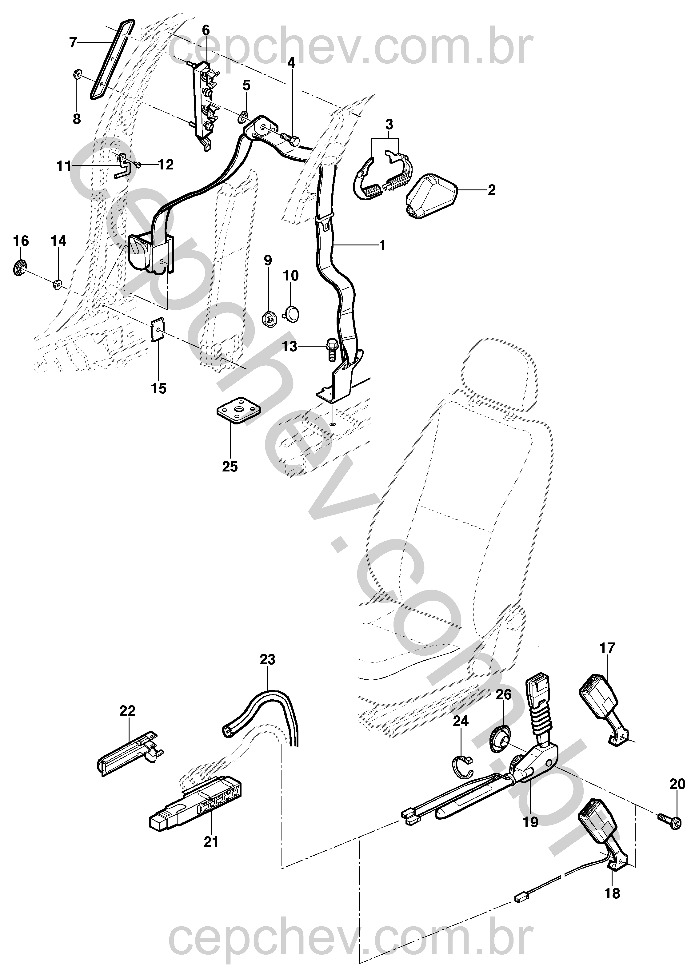 Cinto de segurança dianteiro e componentes para sedan e hatch