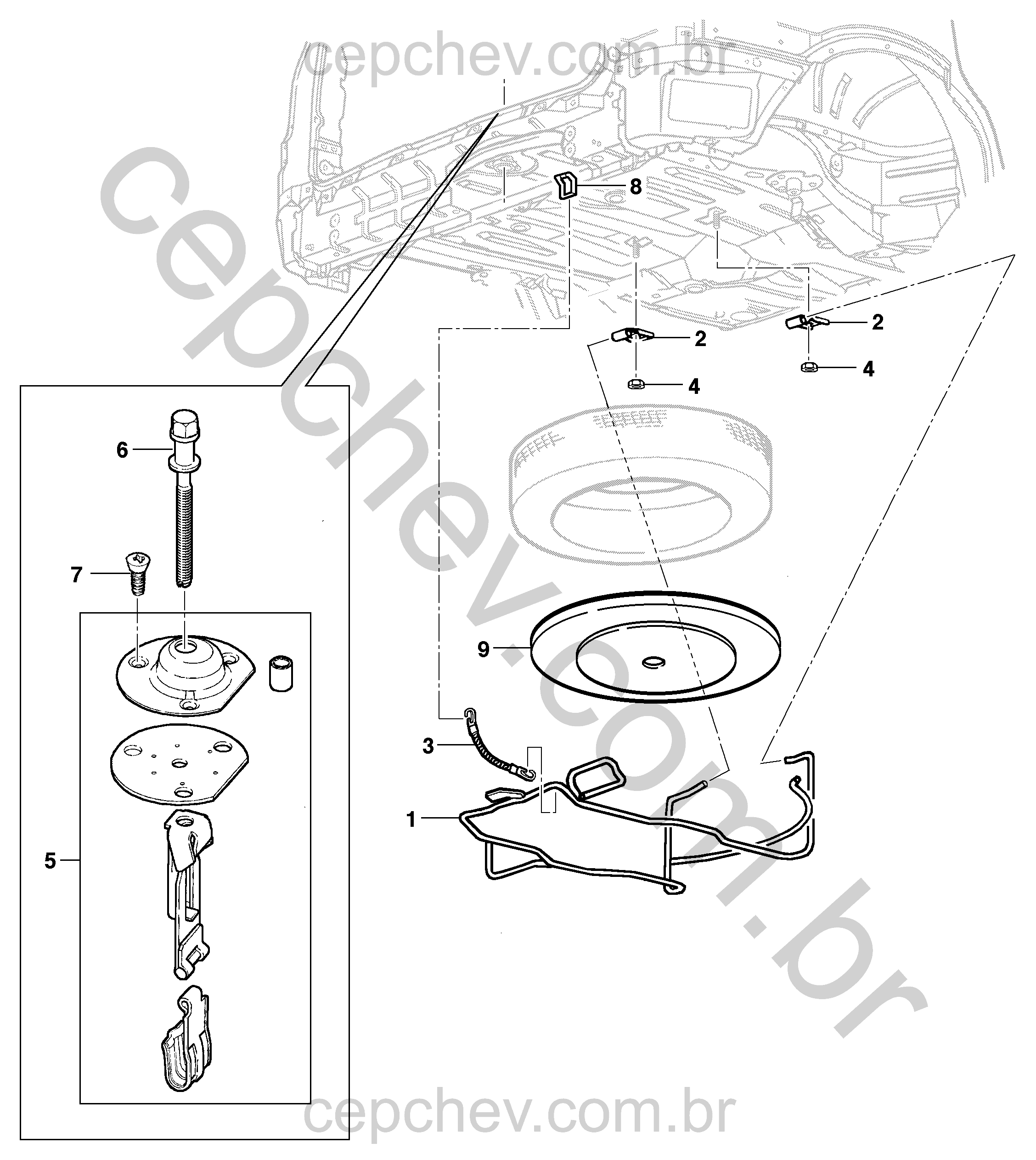 Suporte e fixação da roda reserva para Zafira