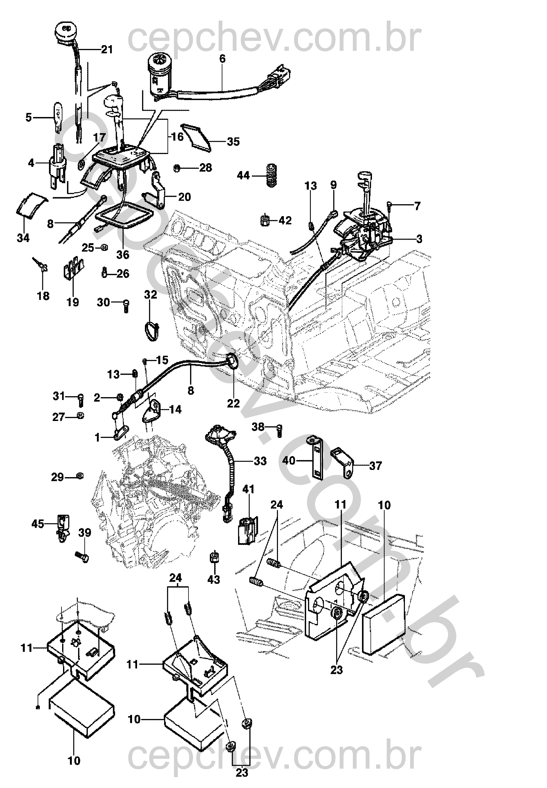 Controle e componentes da transmissão automática e manual com fiação e alavancas