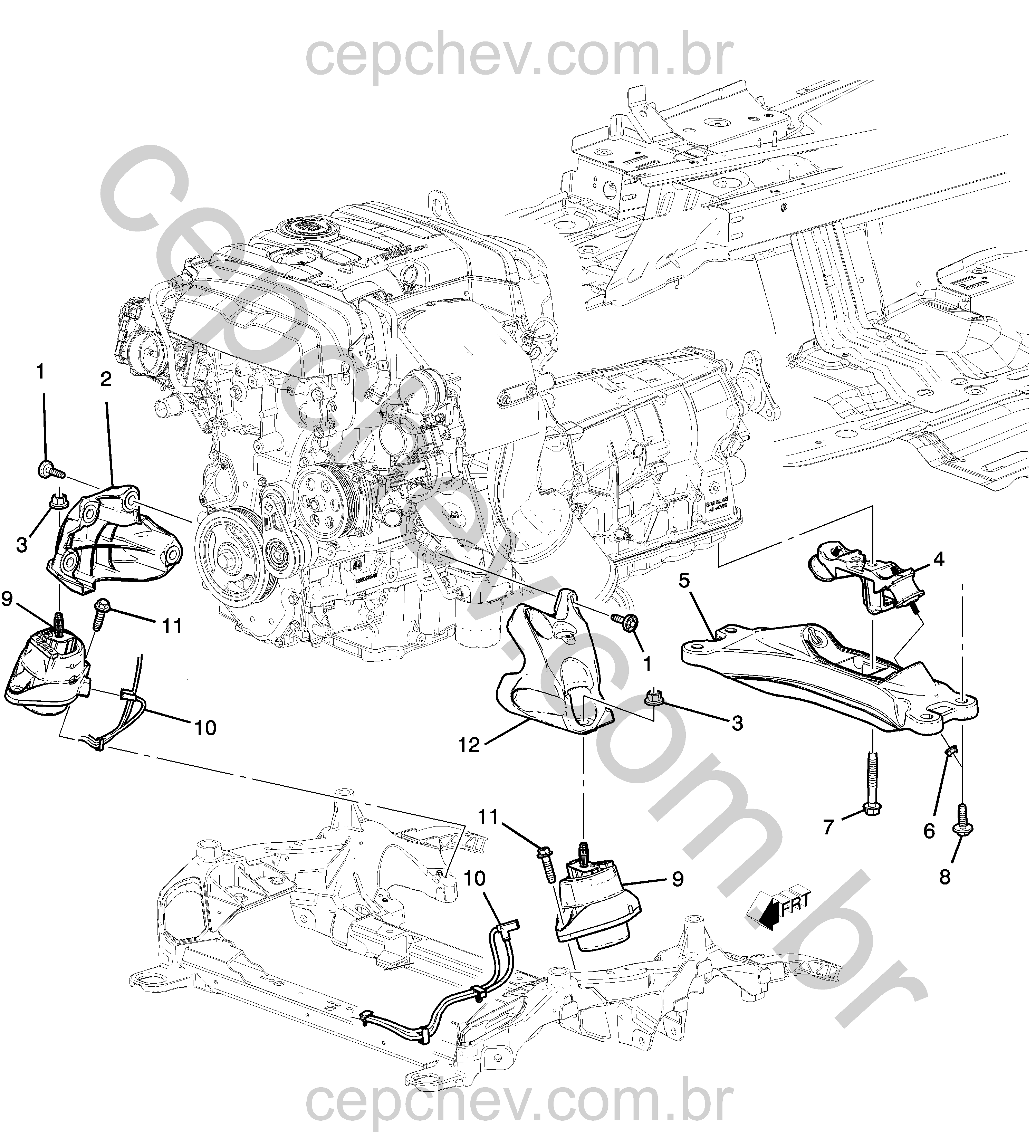 Montagem do motor 2.0X LTG e transmissão com suportes e fixações básicas