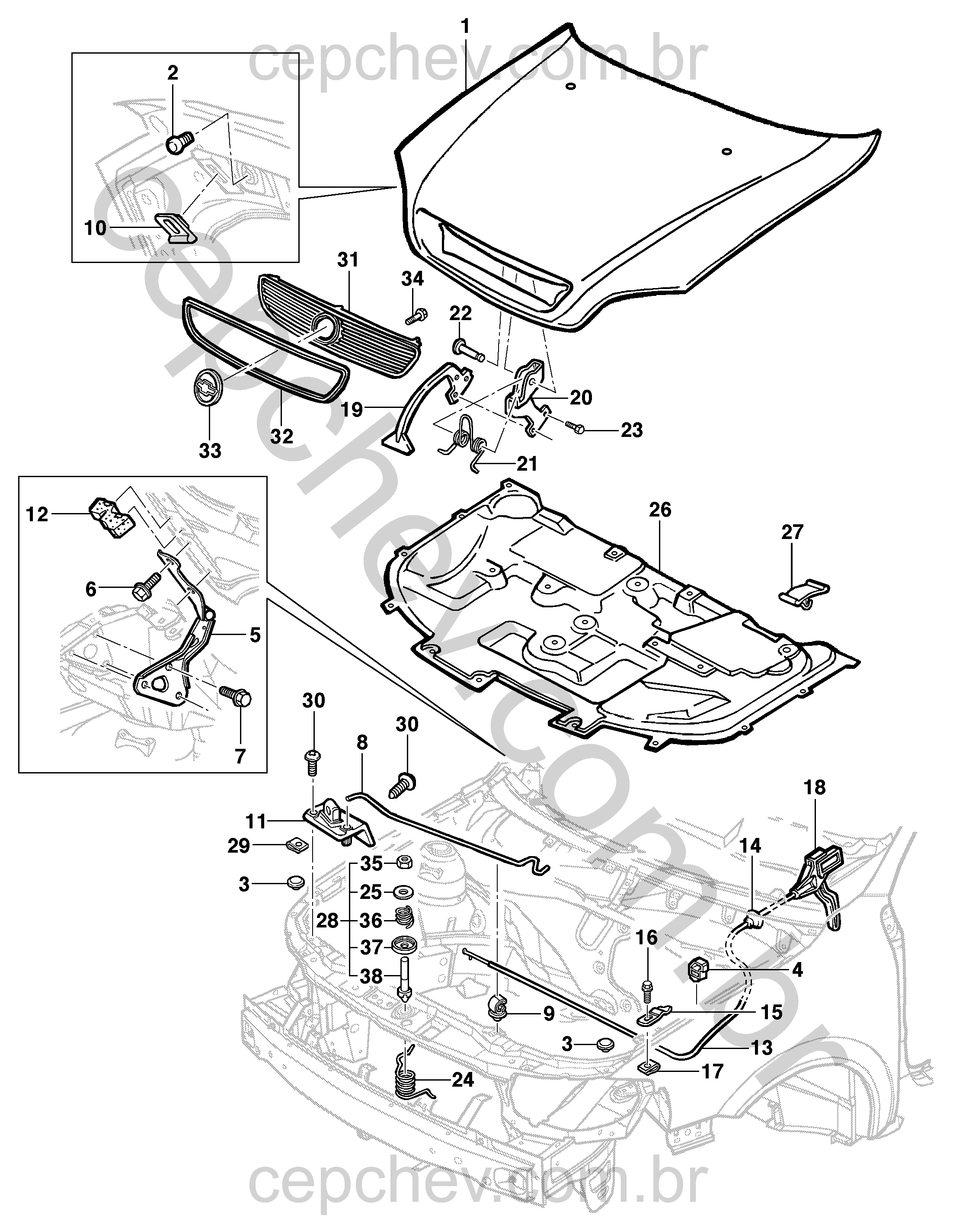 Capuz do motor e grade do radiador (1999–2002) para hatch e sedan