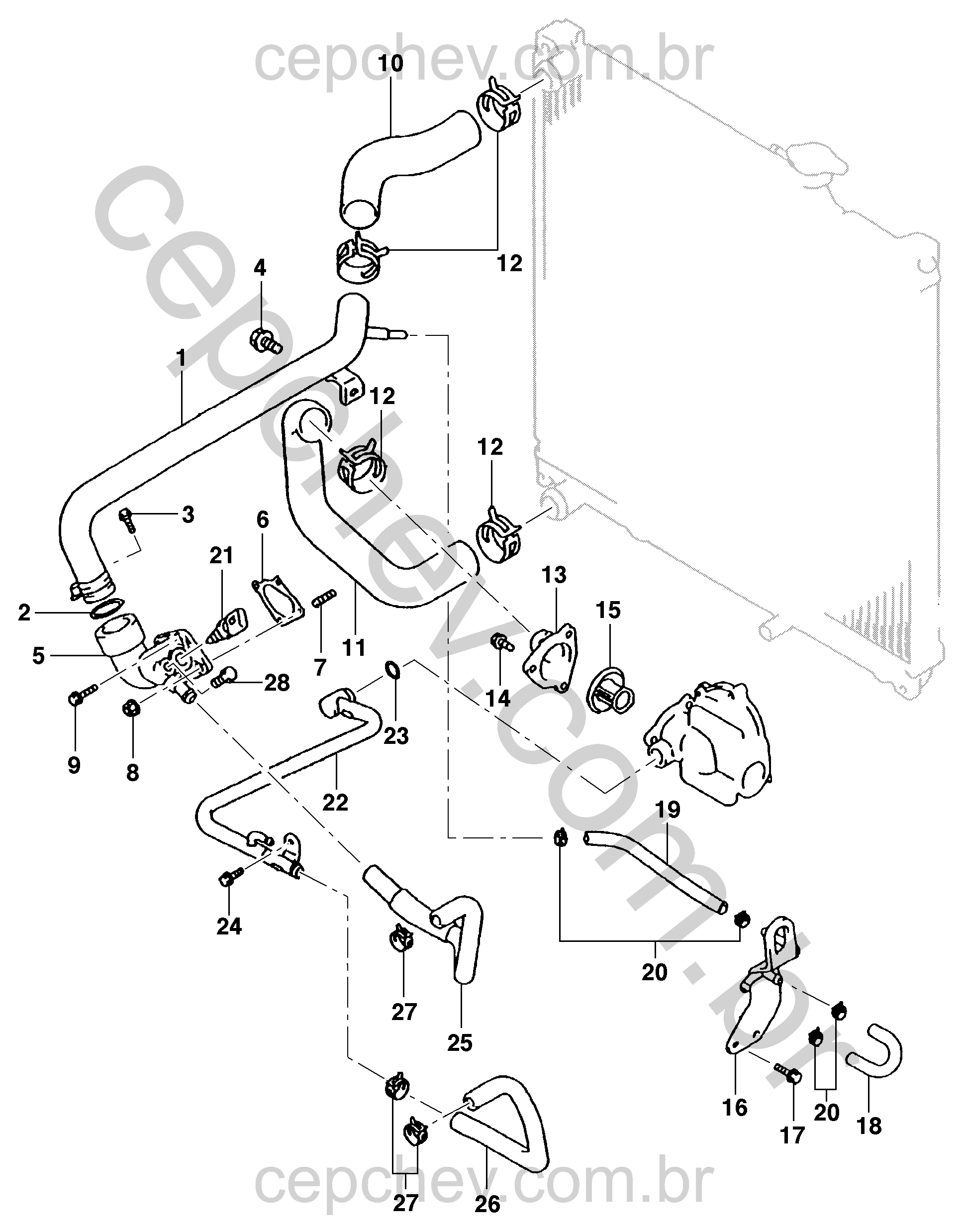 Mangueiras e componentes do sistema de arrefecimento motor gasolina (2007)