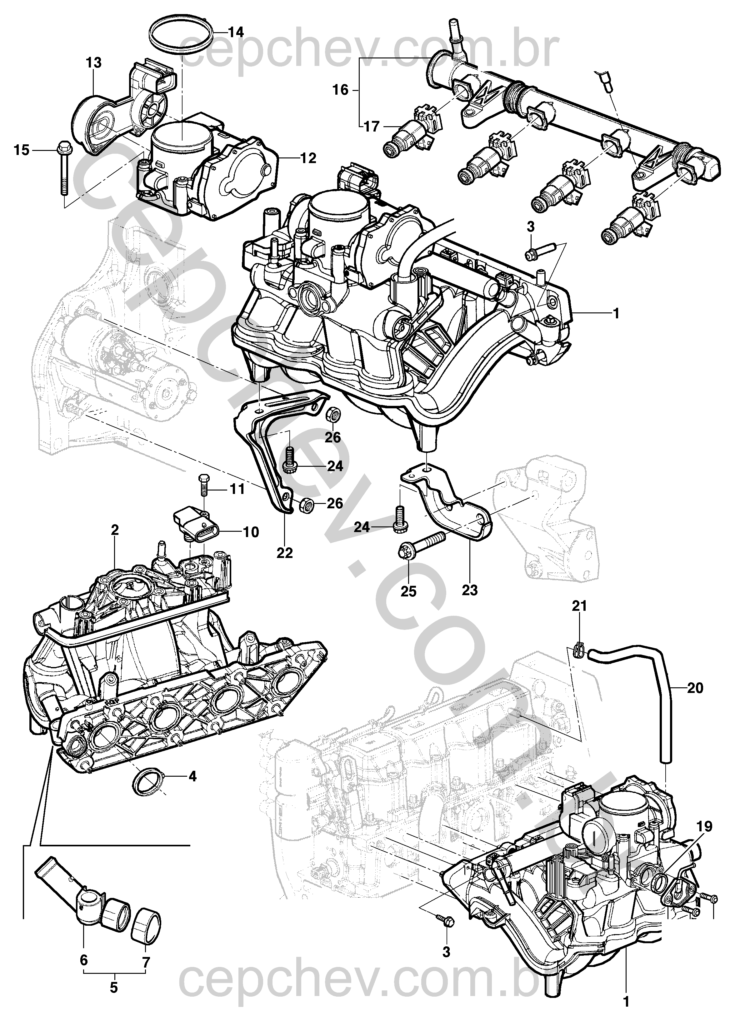 Coletor de admissão motor MPFI 8V 3ª geração com sensores e mangueiras diversas
