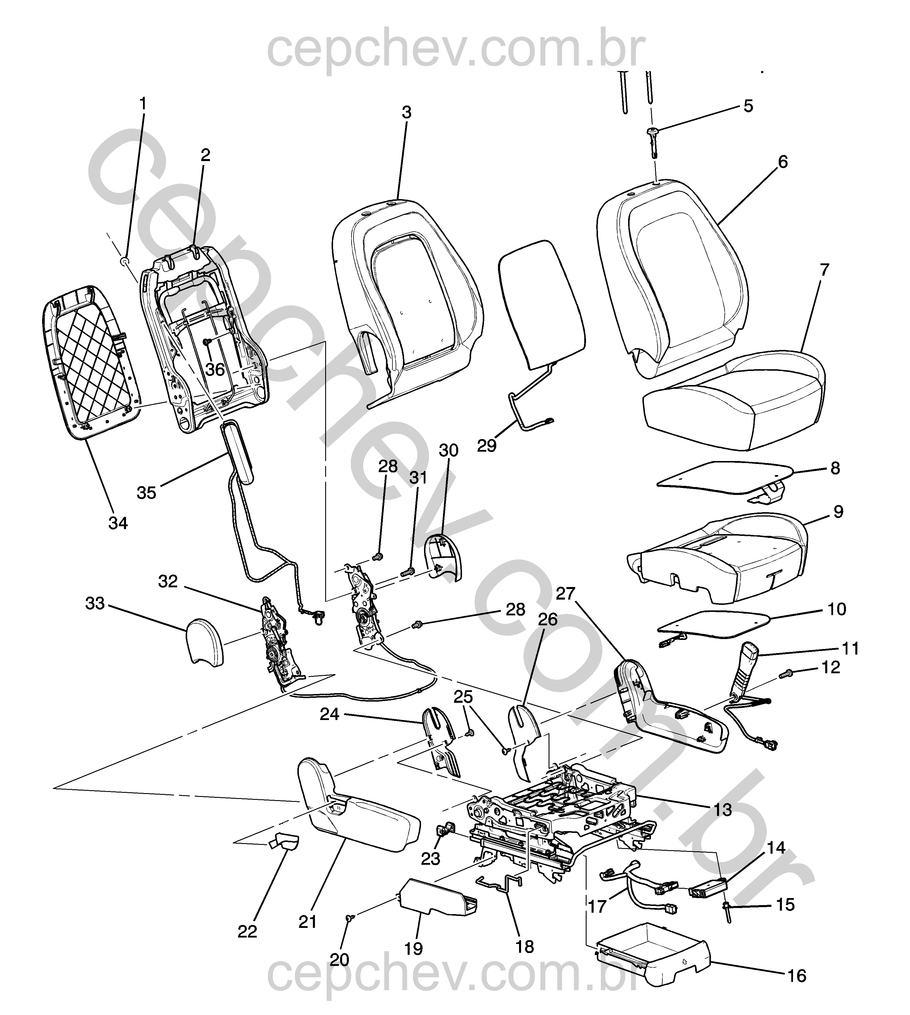 Conjunto banco passageiro com encosto, almofada, estrutura e airbag lateral