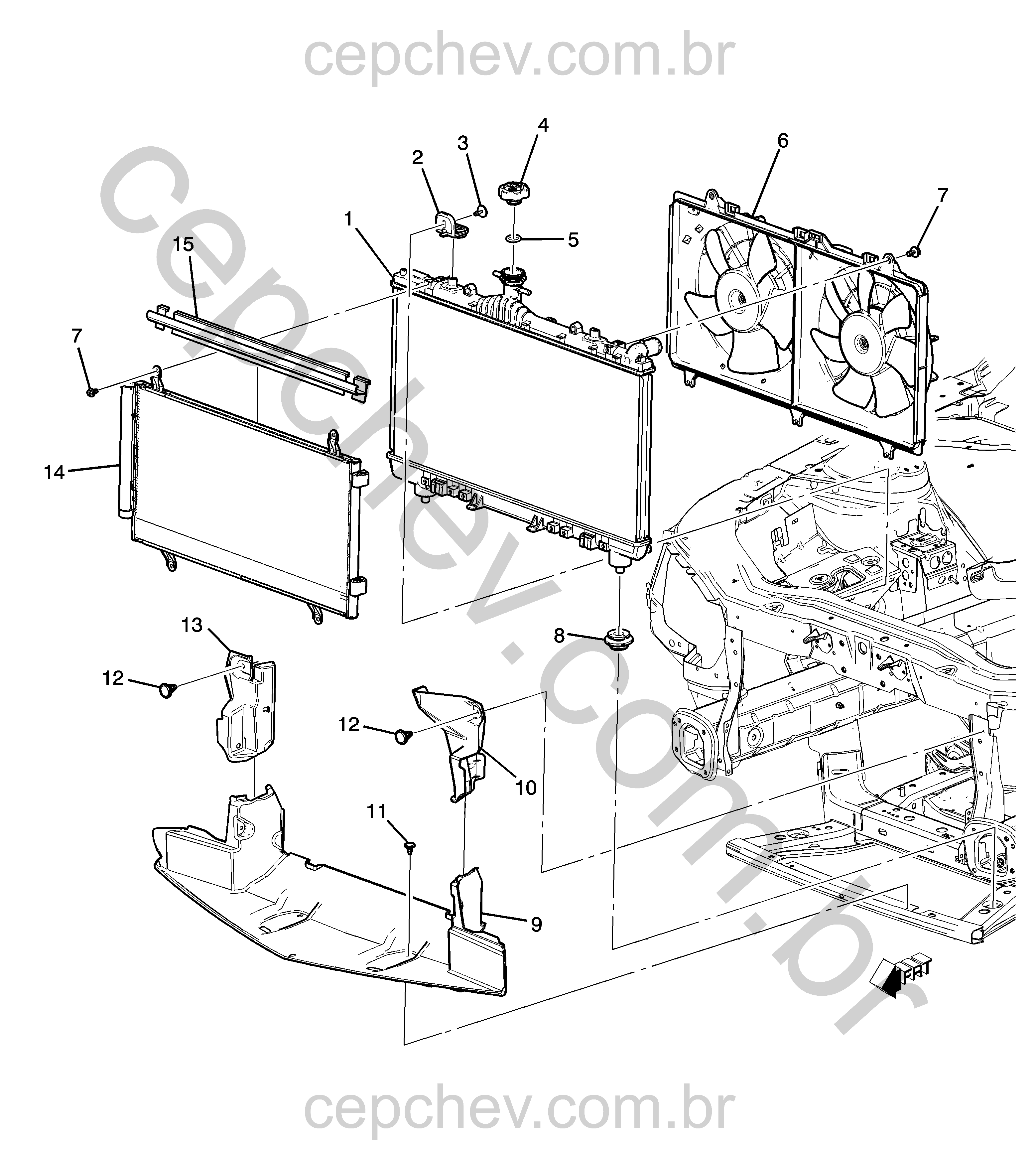 Montagem do radiador, defletores, suportes e ar-condicionado (LS3/6.2W, L99/6.2J)