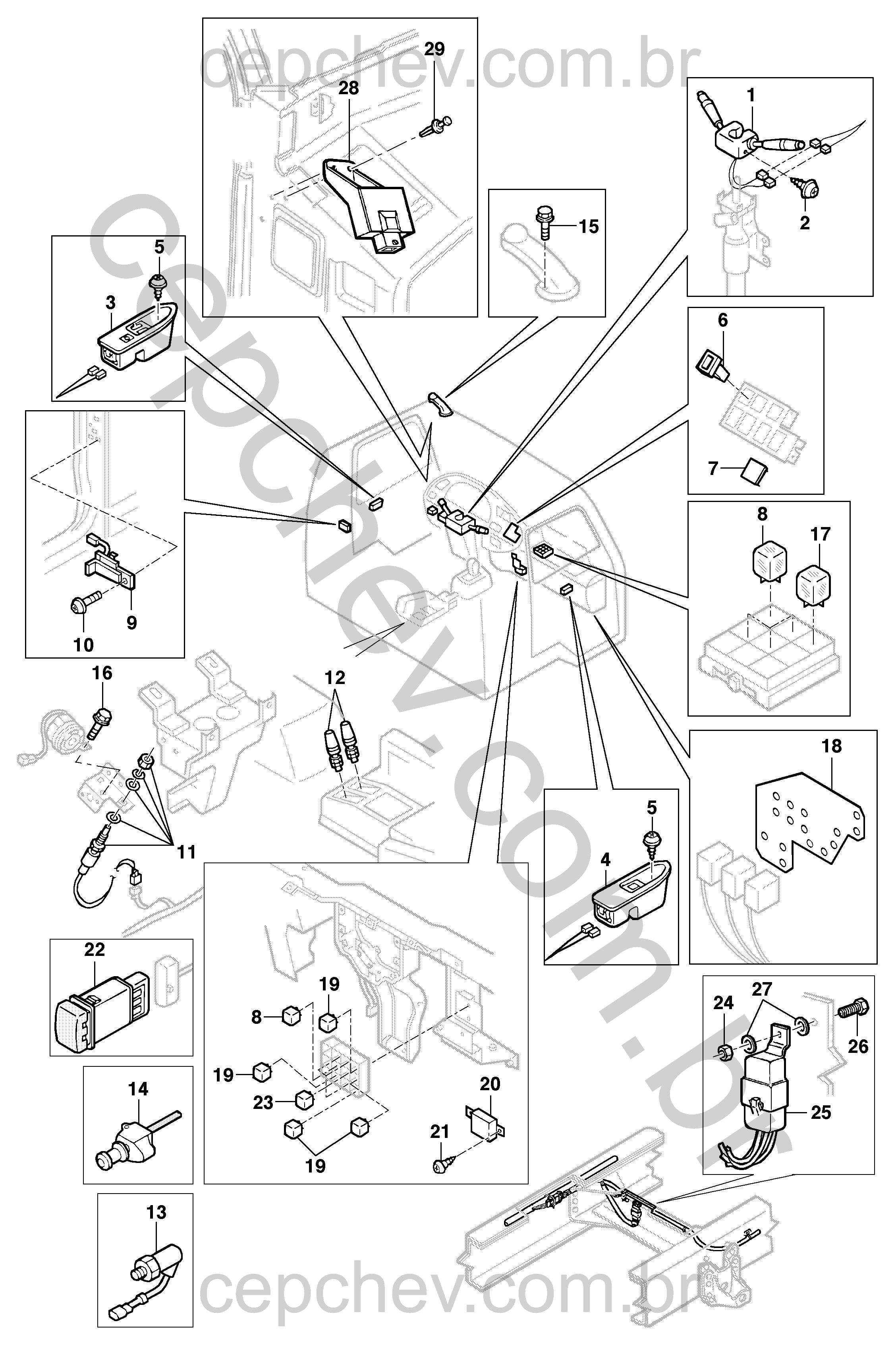 Interruptores, fusíveis e relés elétricos do modelo 15