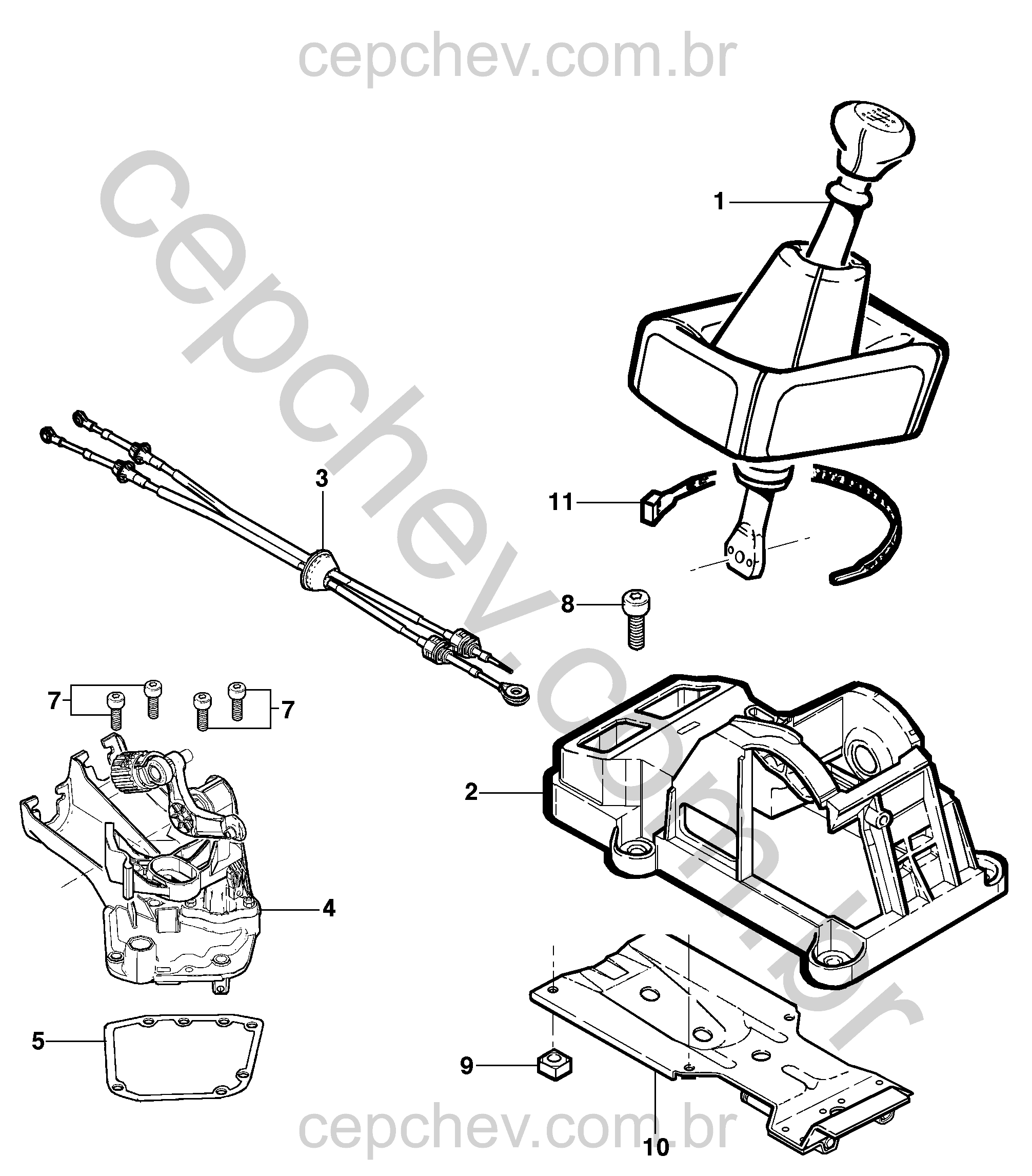 Alavanca e cabos de controle da transmissão manual (2011–2012) (2)