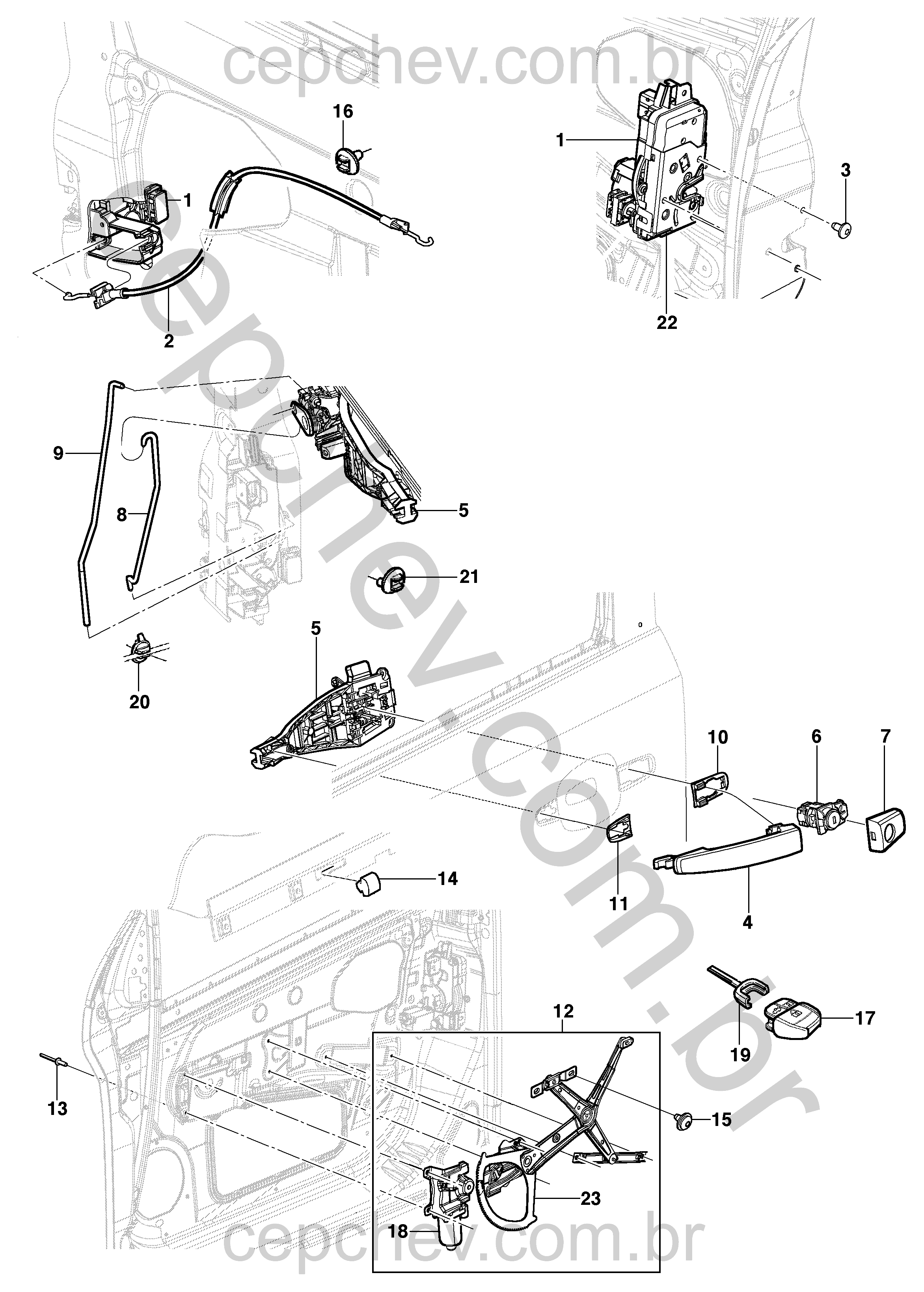 Mecanismos e trava da porta dianteira (Hatch/Sedan)