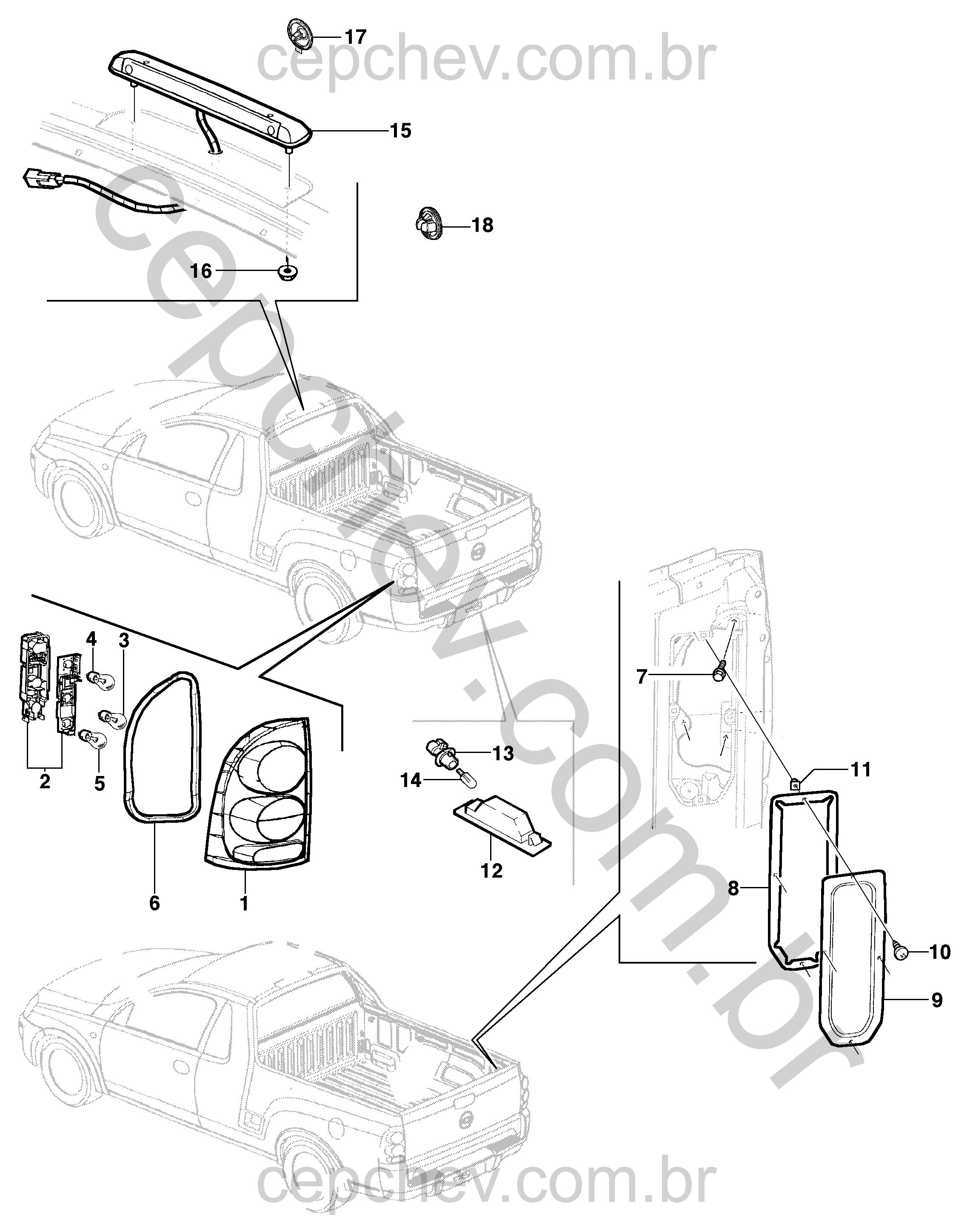 Lanterna traseira, brake-light e peças de fixação para pick-up