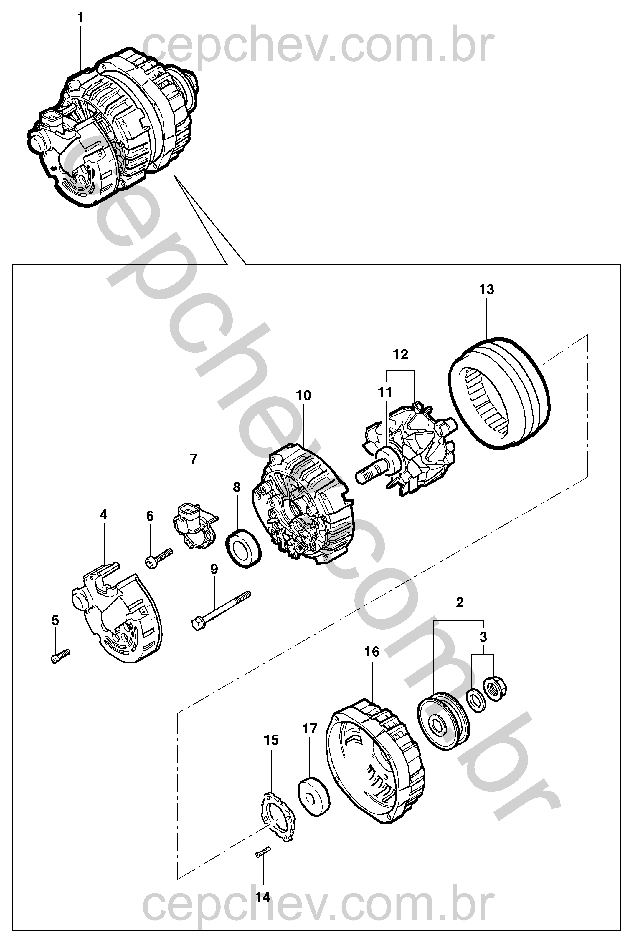 Conjunto gerador 55A com rotor, estator, rolamentos e kit de fixação